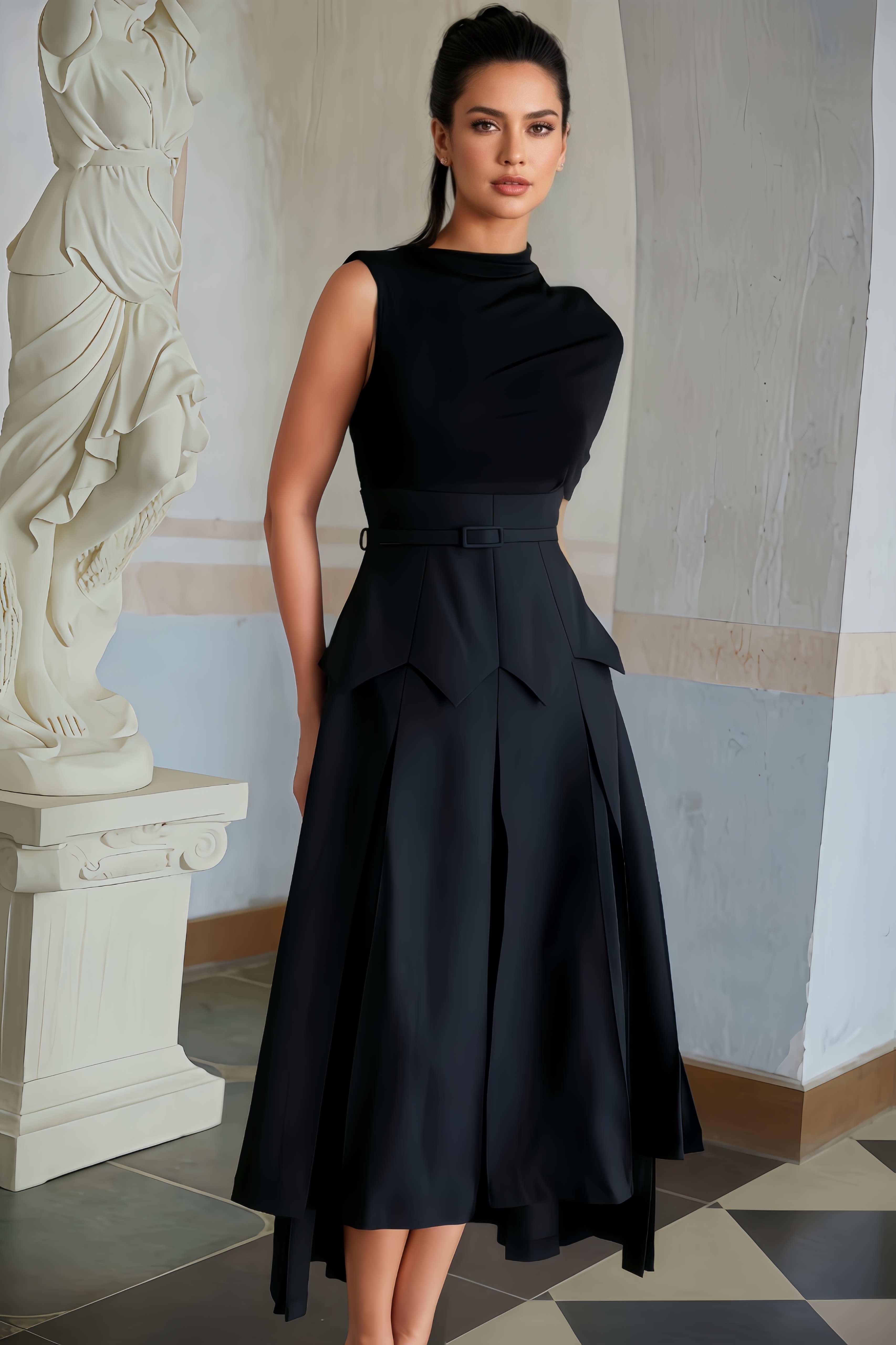 Amalia Asymmetrical Shawl Layered Midi Dress