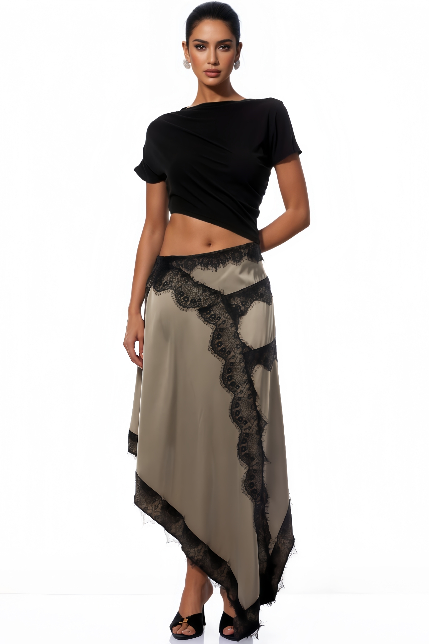 Pisan Black Gathered Lace Panel Maxi Dress