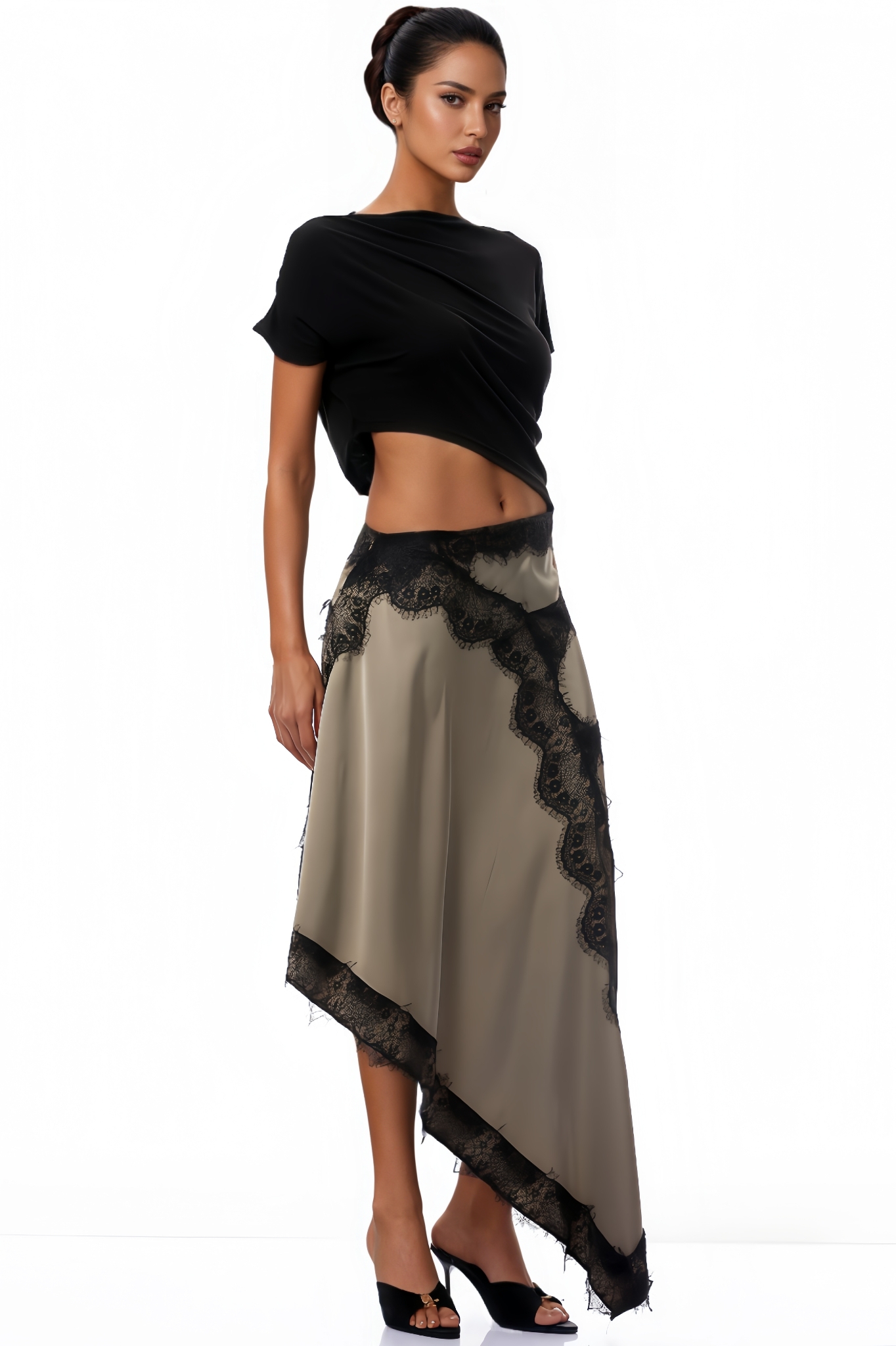 Pisan Black Gathered Lace Panel Maxi Dress