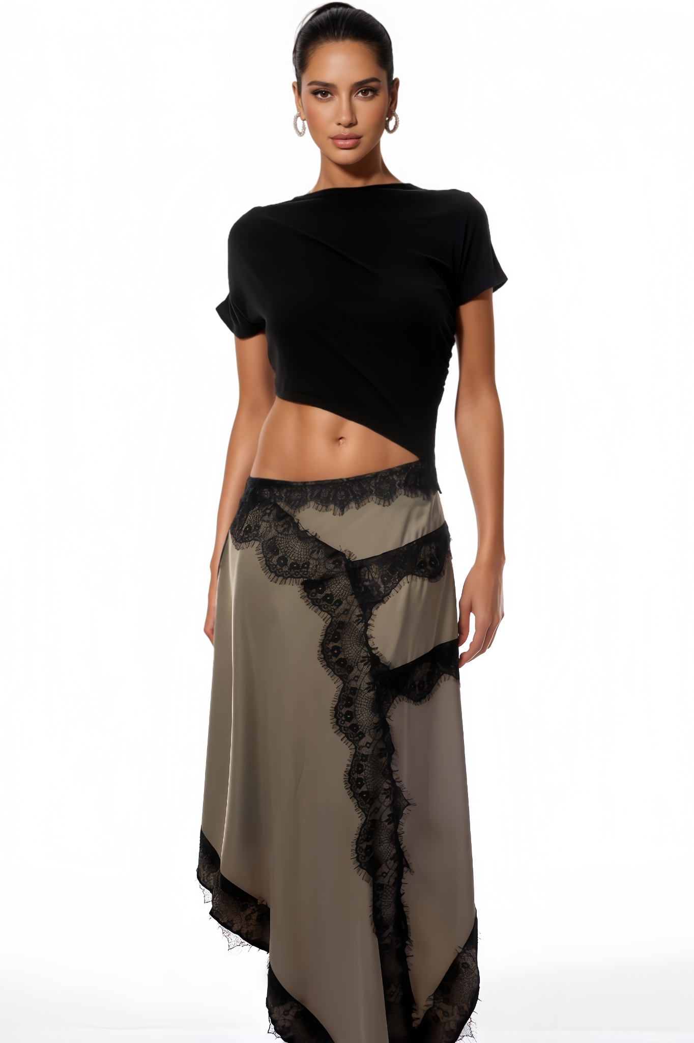 Pisan Black Gathered Lace Panel Maxi Dress