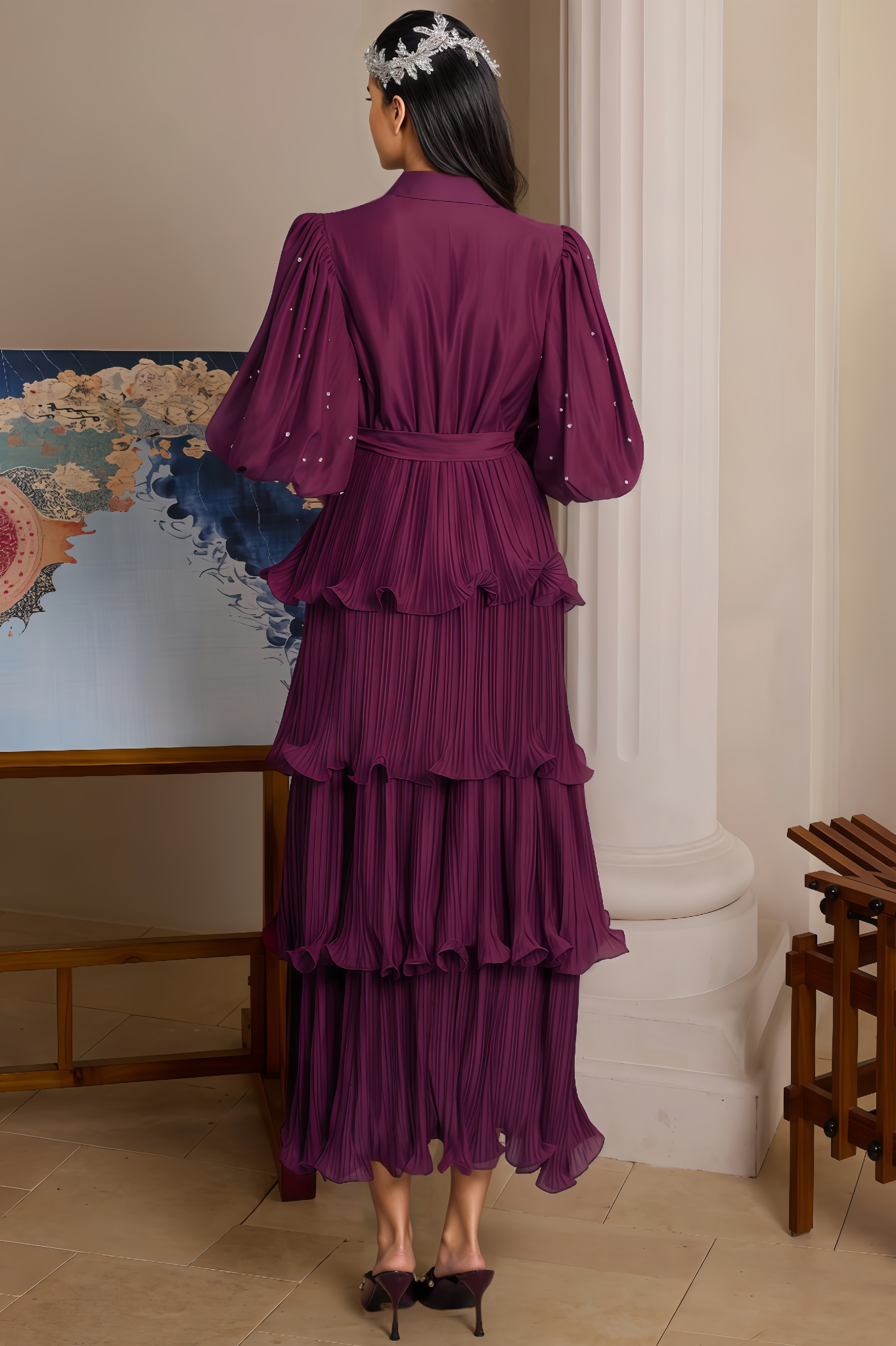 Nomi Pleated Rhinestone Midi Dress