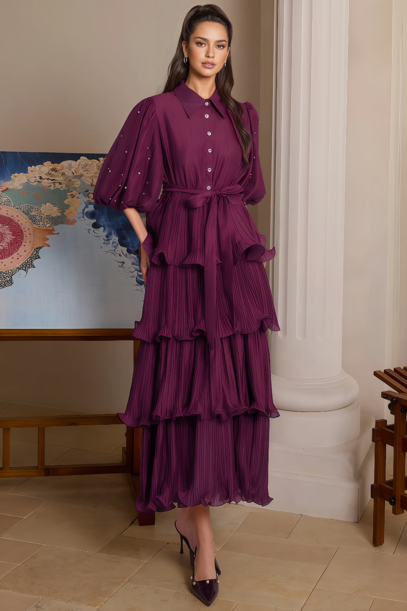 Nomi Pleated Rhinestone Midi Dress