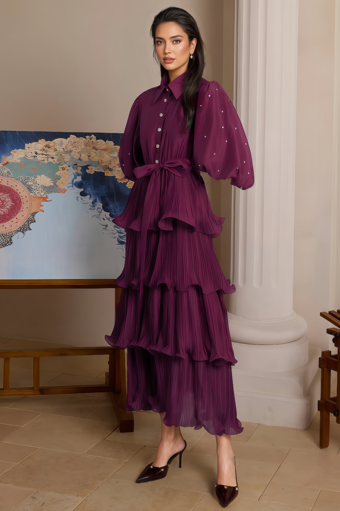 Nomi Pleated Rhinestone Midi Dress