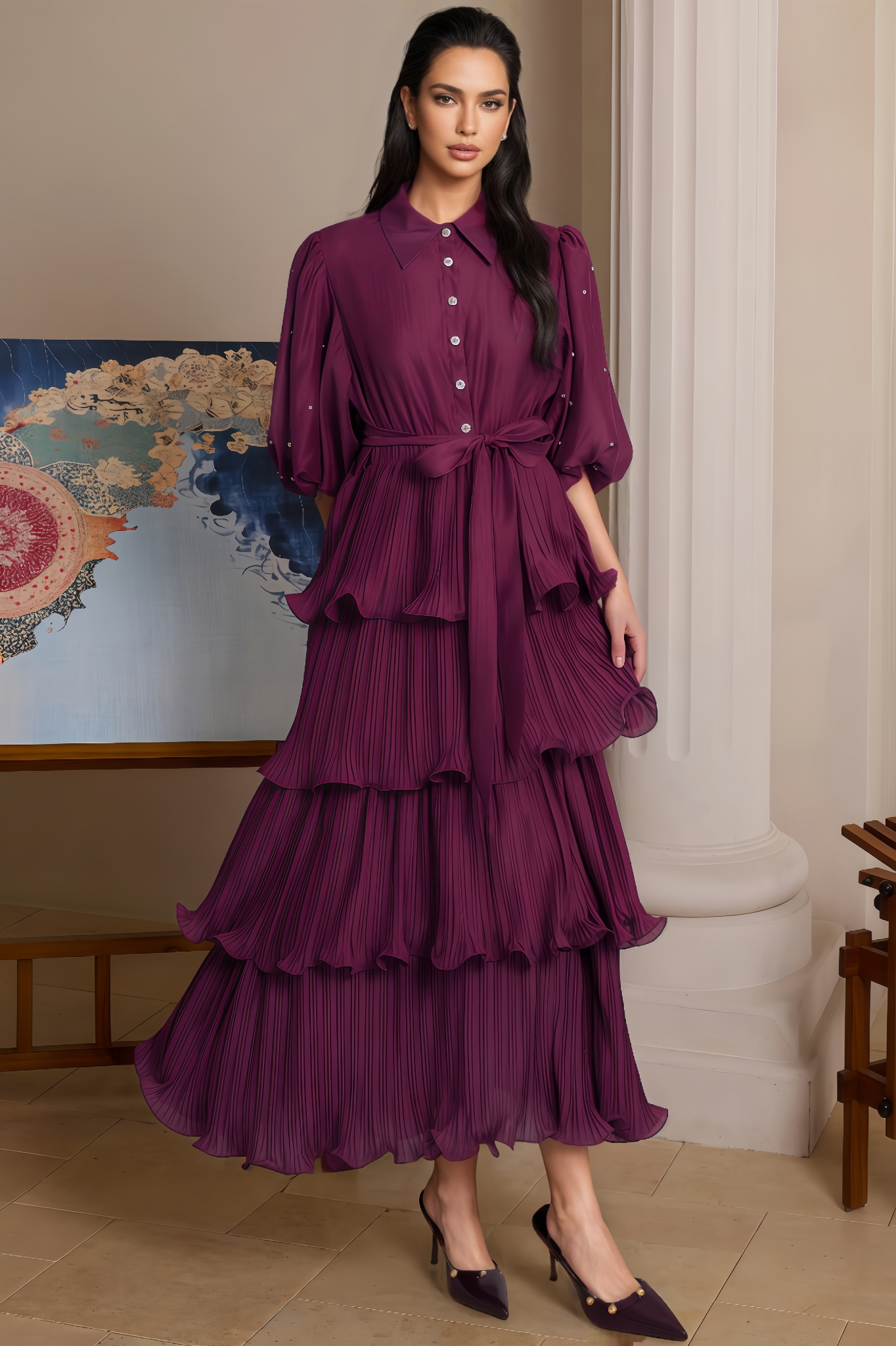 Nomi Pleated Rhinestone Midi Dress