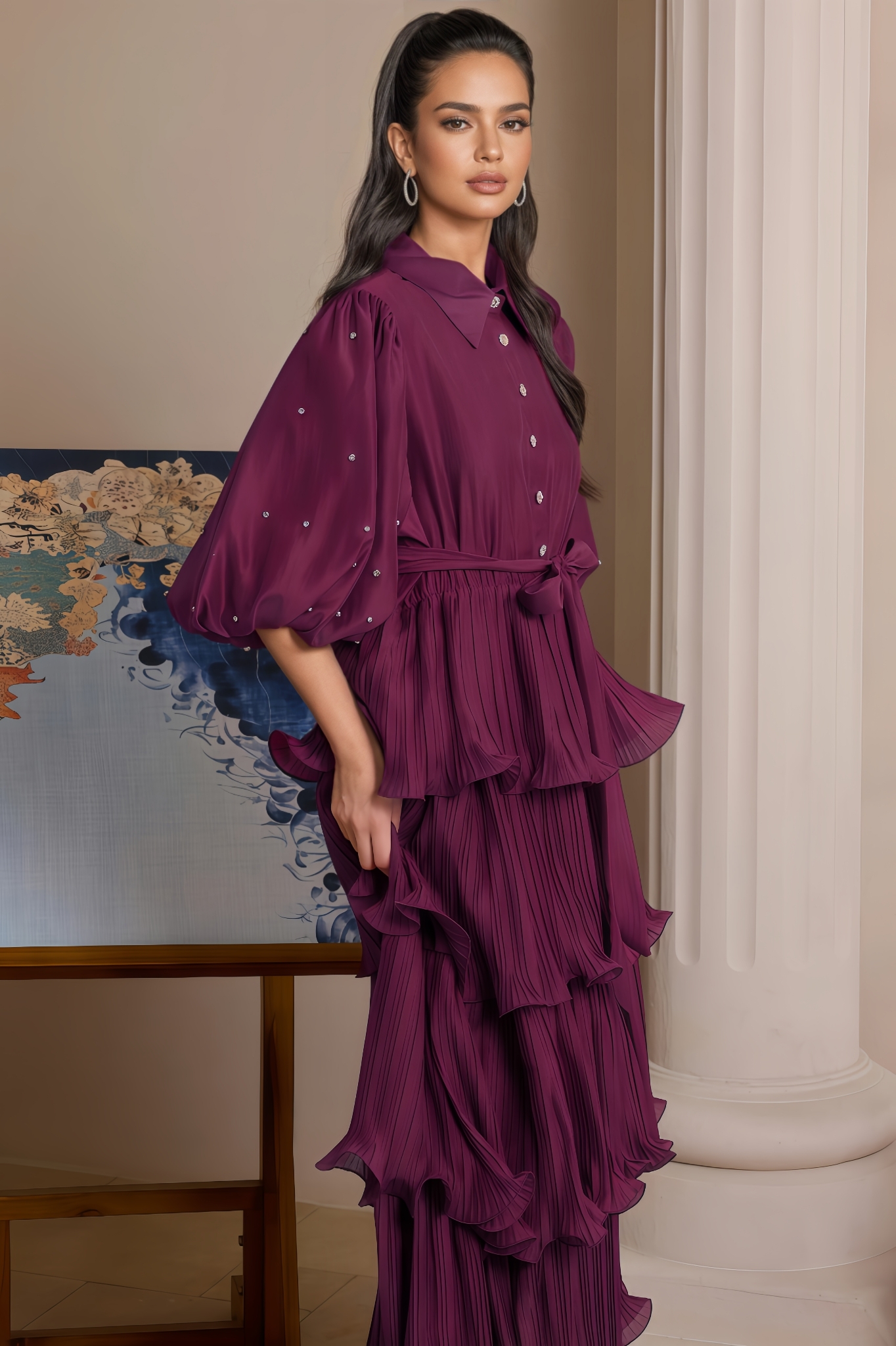 Nomi Pleated Rhinestone Midi Dress