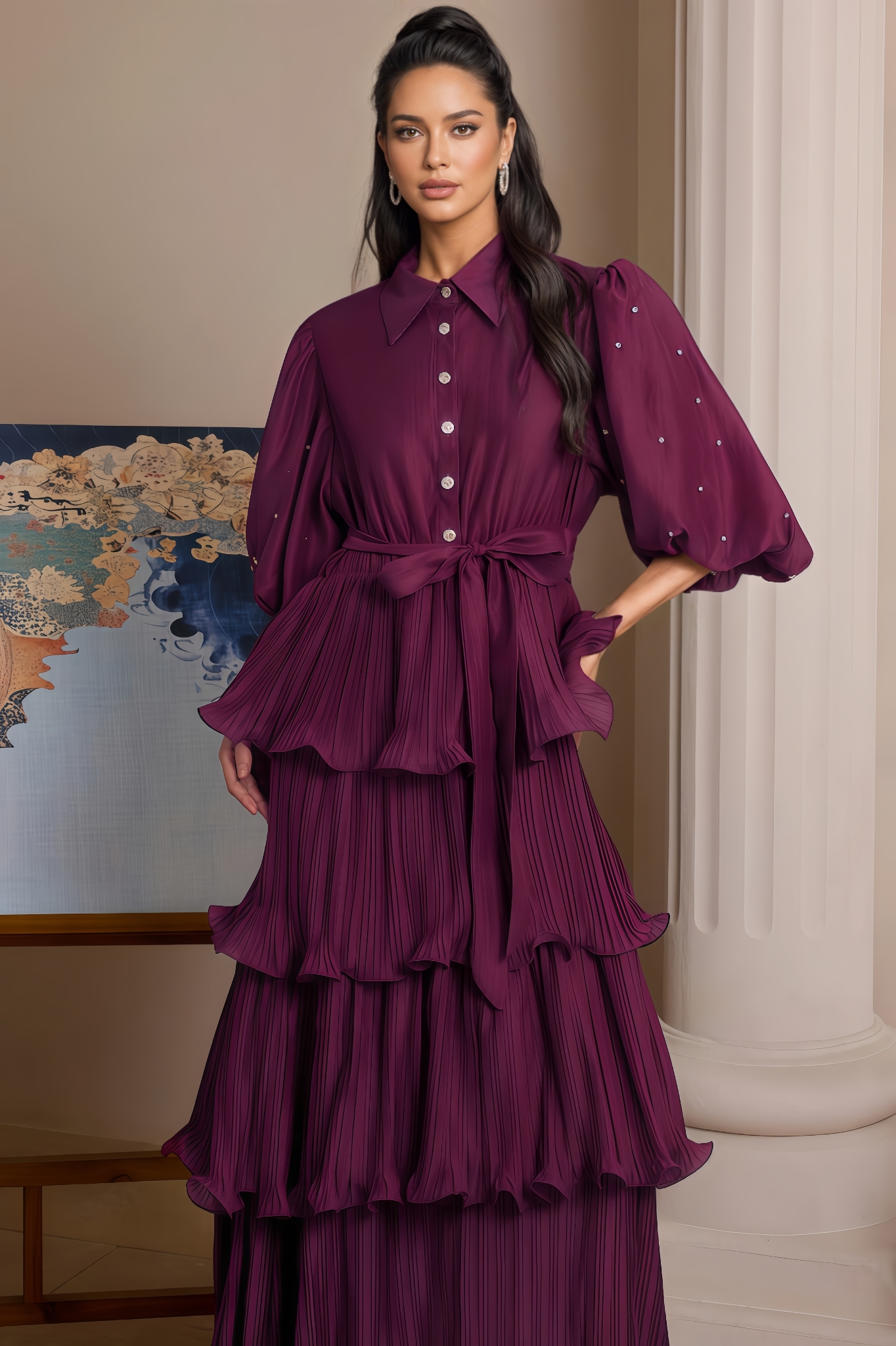 Nomi Pleated Rhinestone Midi Dress