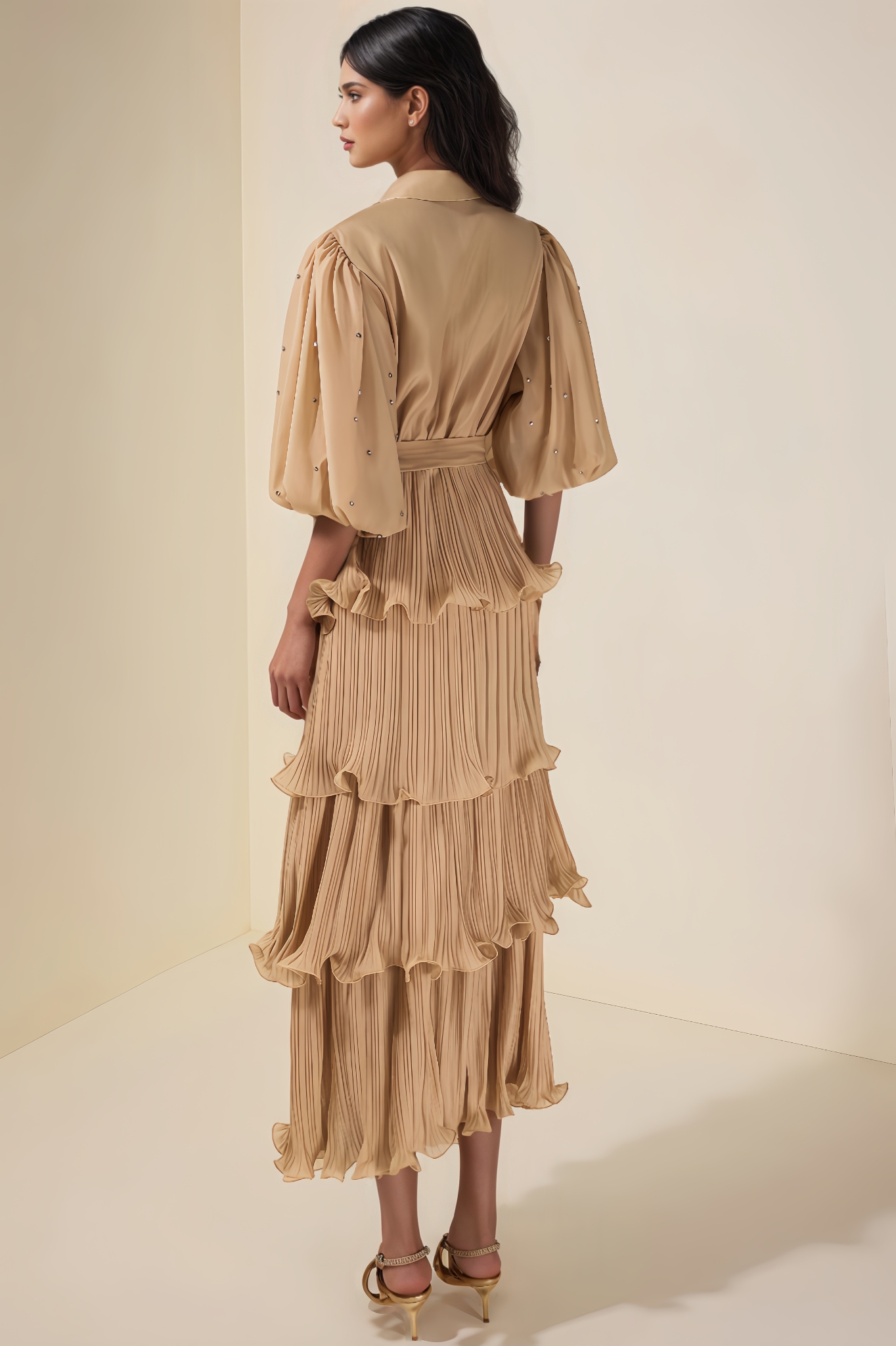 Kovty Pleated Rhinestone Midi Dress