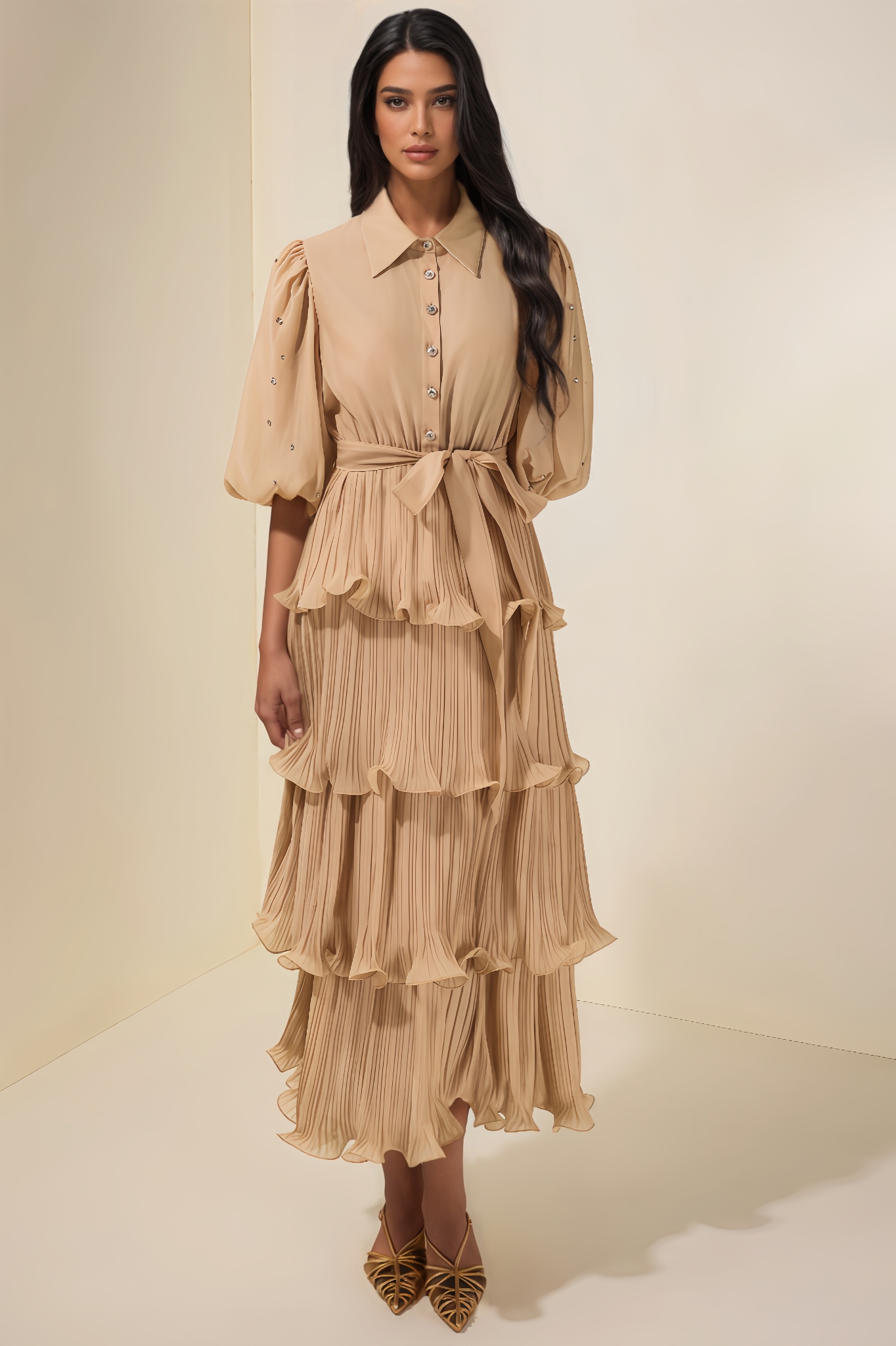 Kovty Pleated Rhinestone Midi Dress