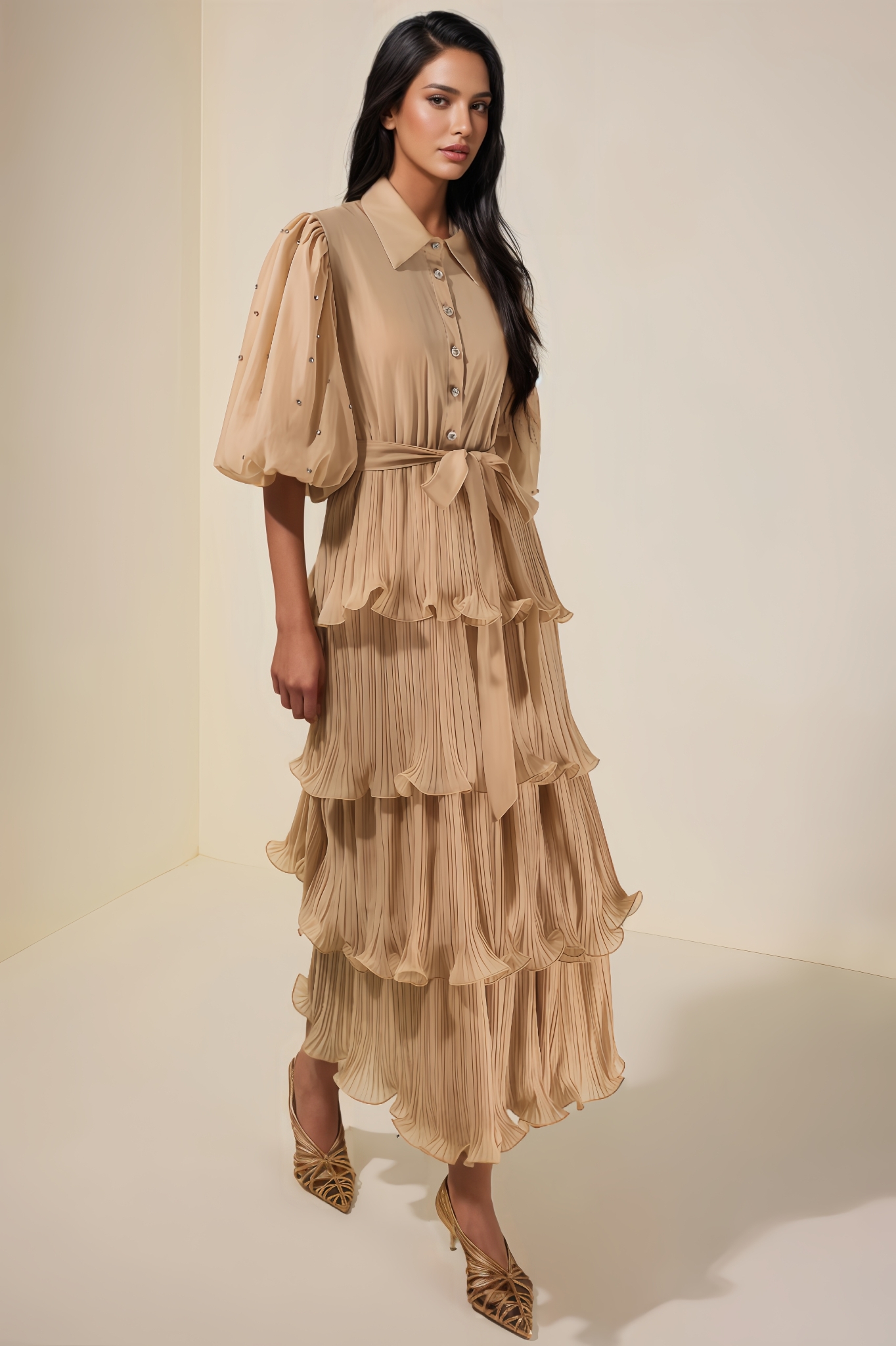 Kovty Pleated Rhinestone Midi Dress