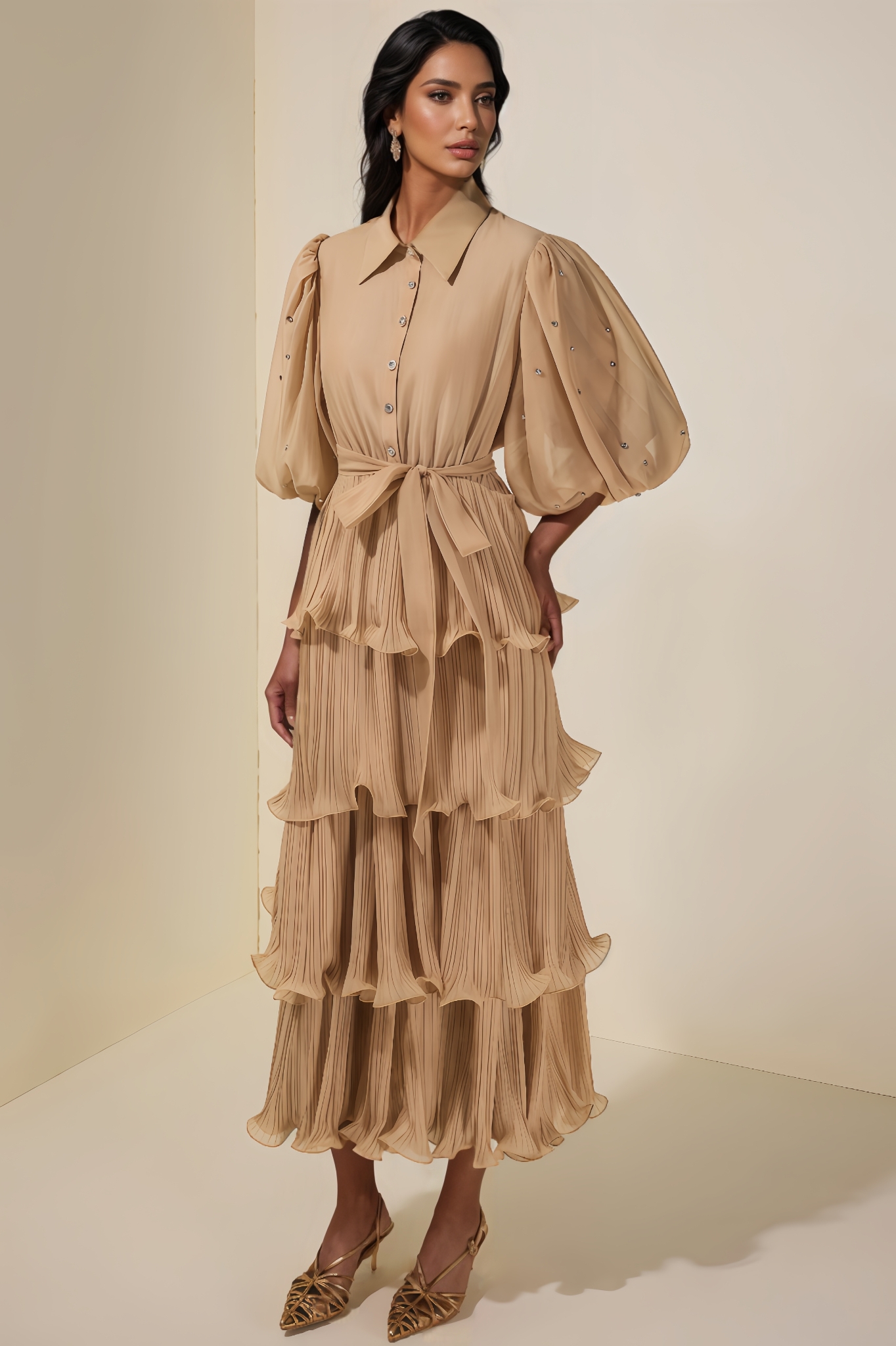 Kovty Pleated Rhinestone Midi Dress