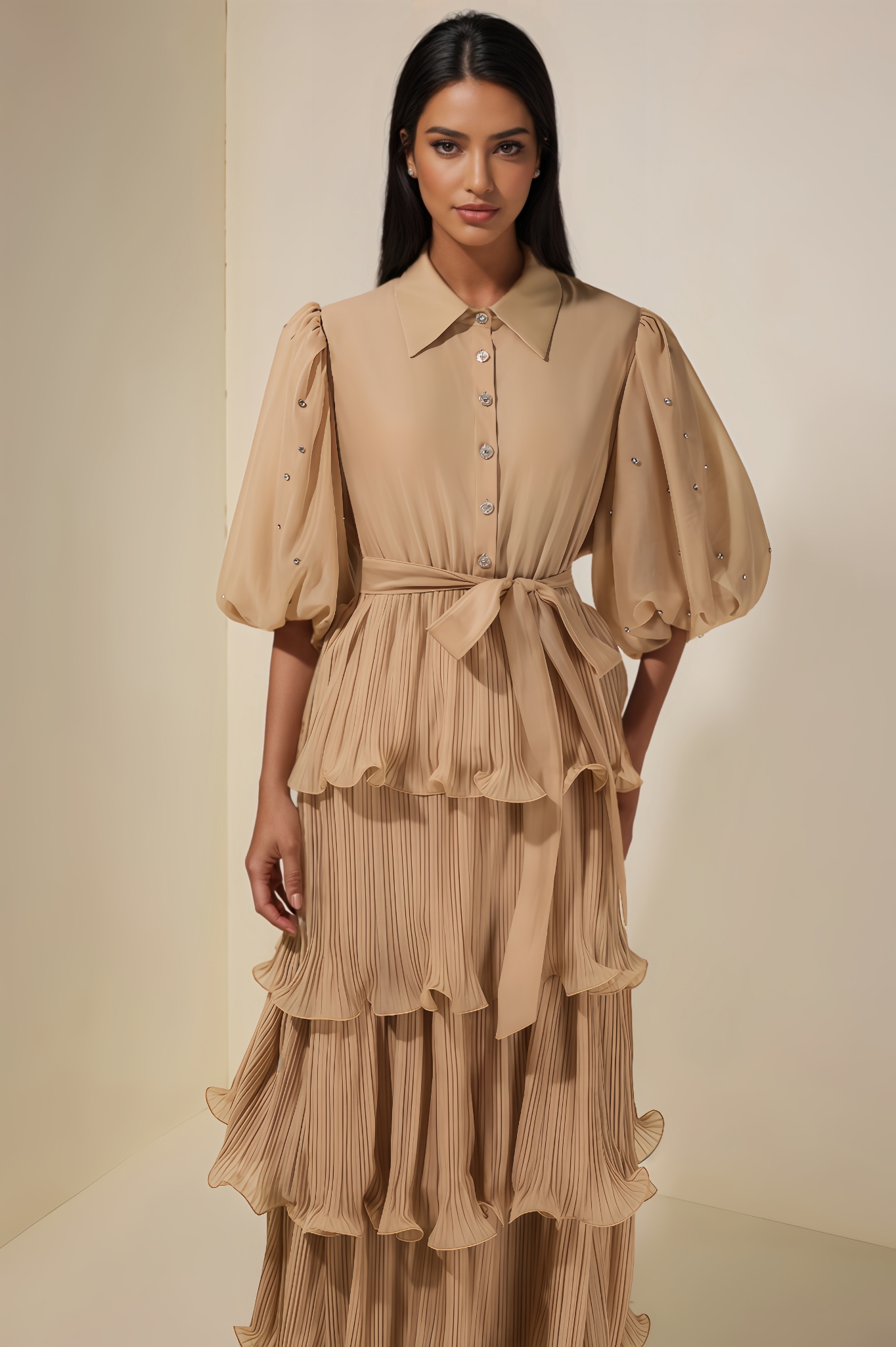 Kovty Pleated Rhinestone Midi Dress