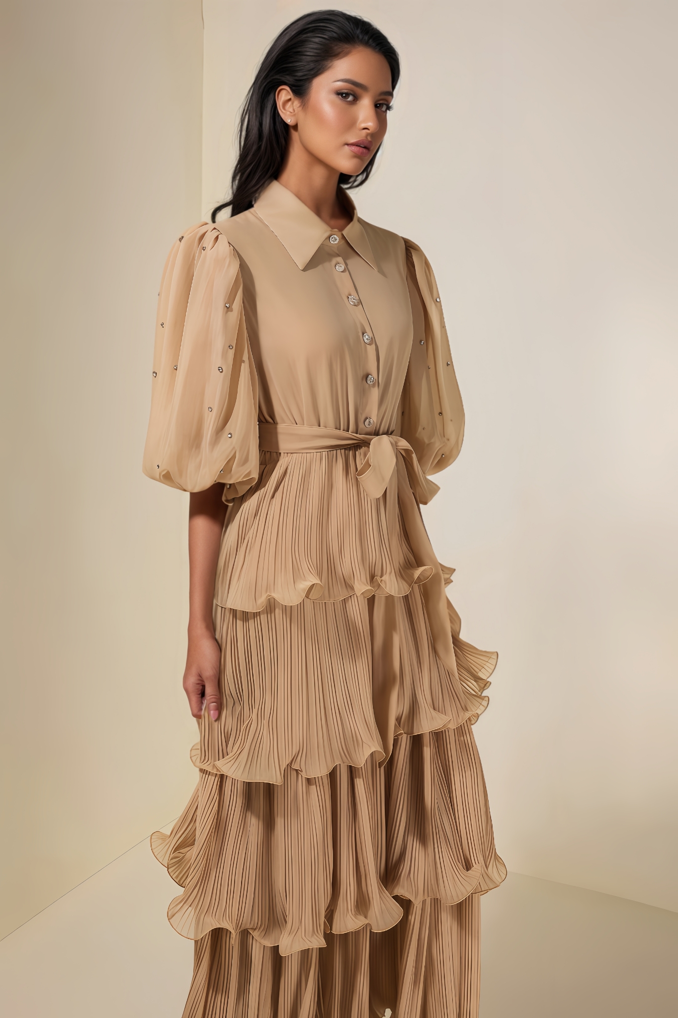 Kovty Pleated Rhinestone Midi Dress