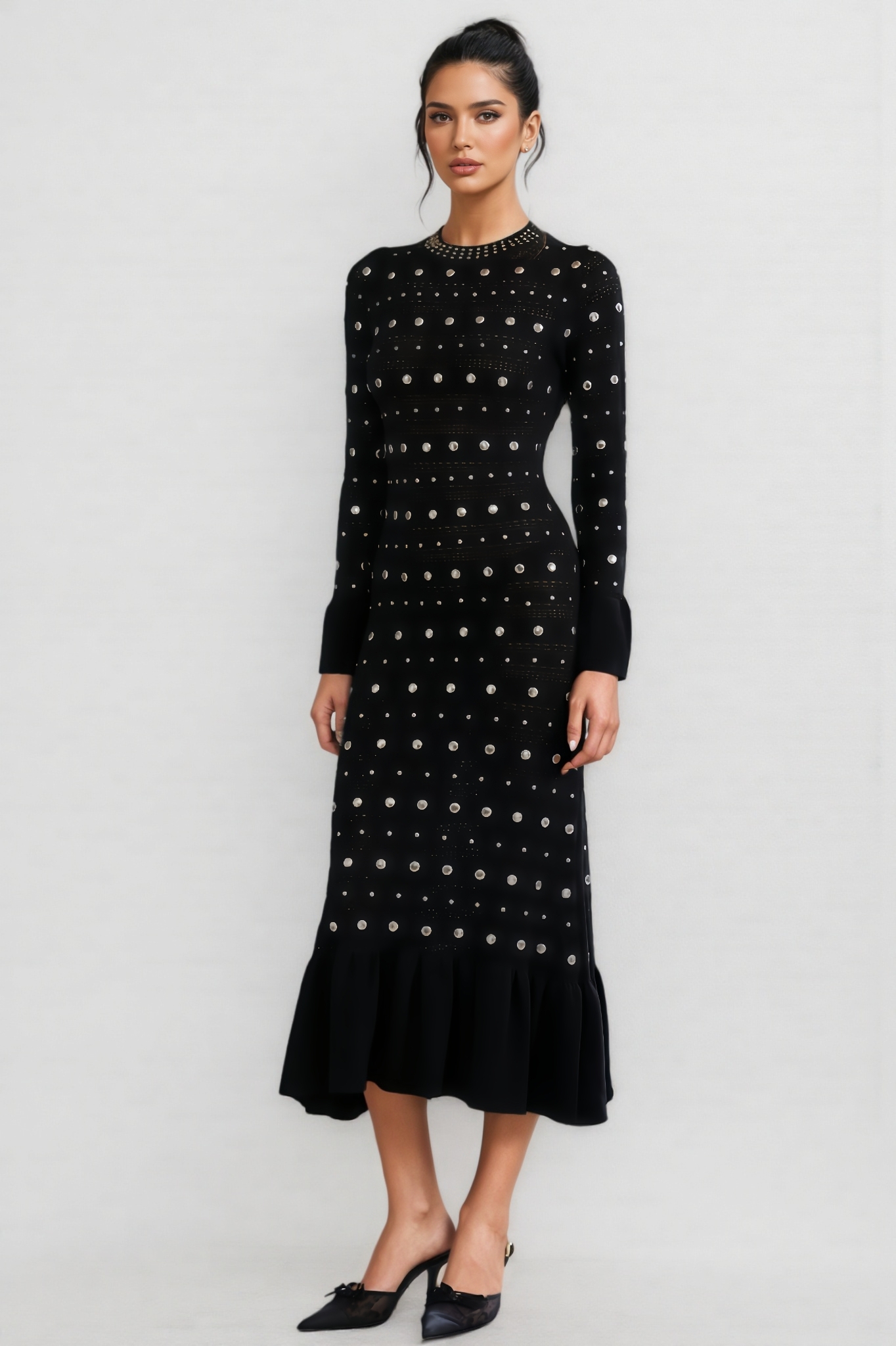 Kaci Long Sleeve Studded Crochet Knit Midi dress