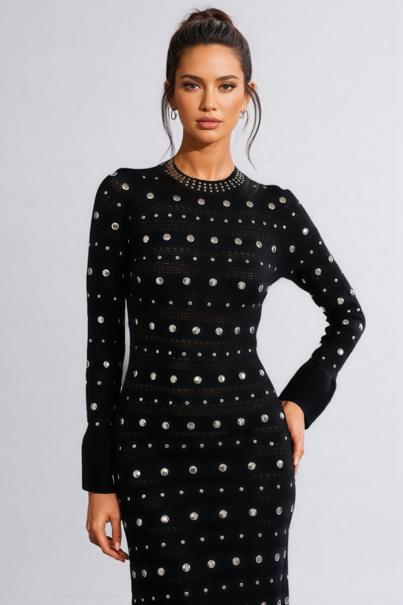 Kaci Long Sleeve Studded Crochet Knit Midi dress