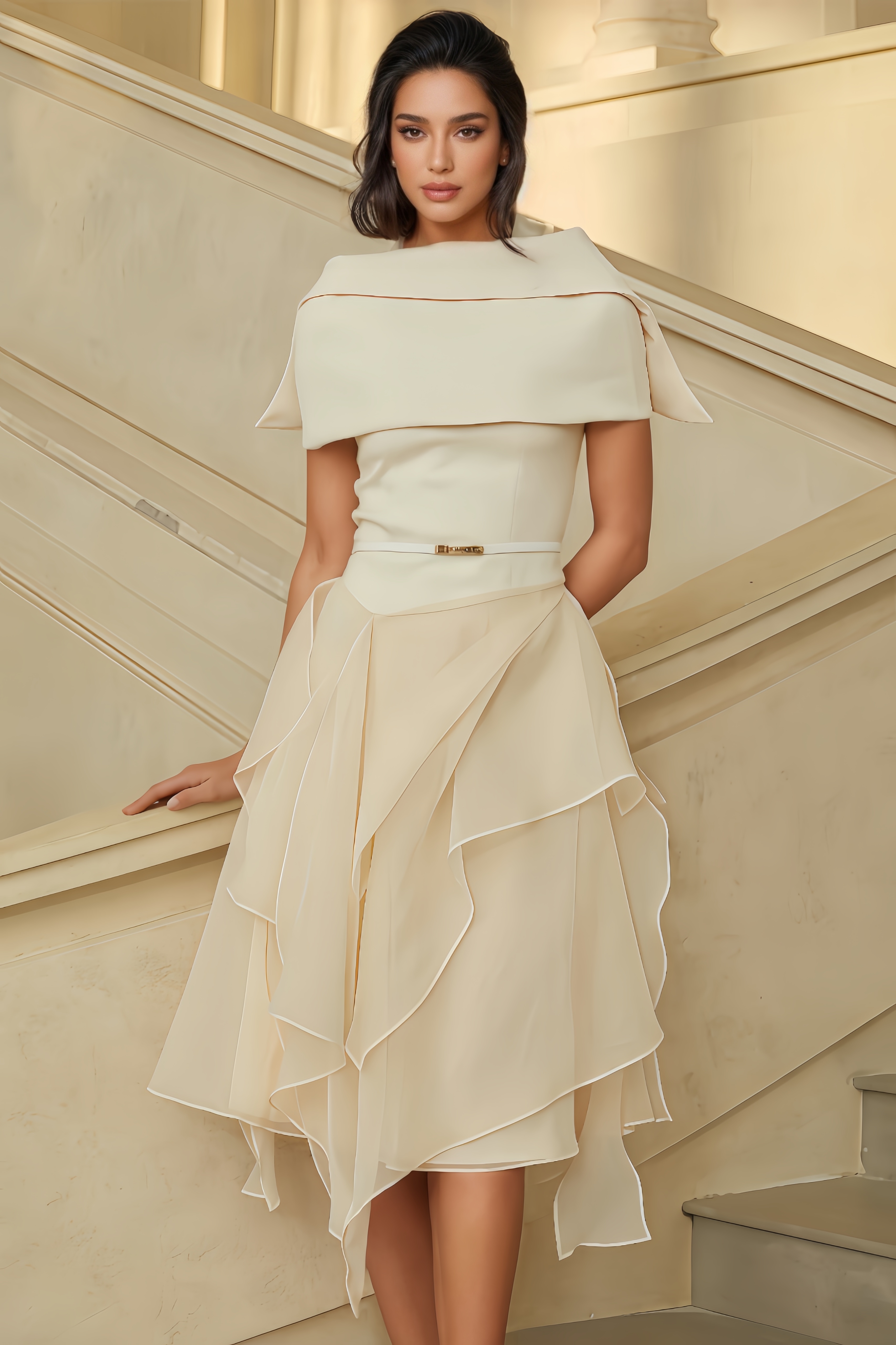 Taryke Asymmetrical Shawl & Tulle Panel Dress Set