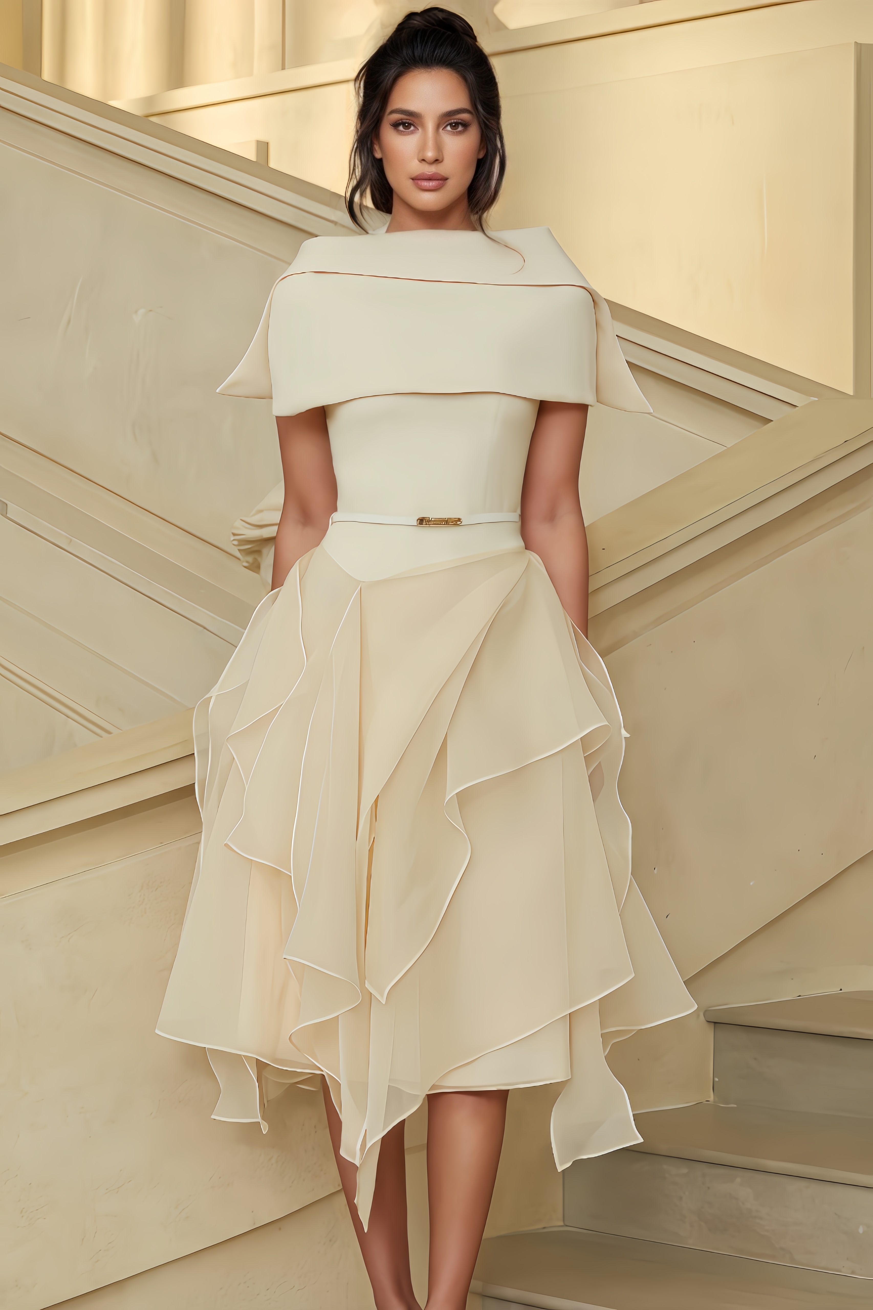 Taryke Asymmetrical Shawl & Tulle Panel Dress Set