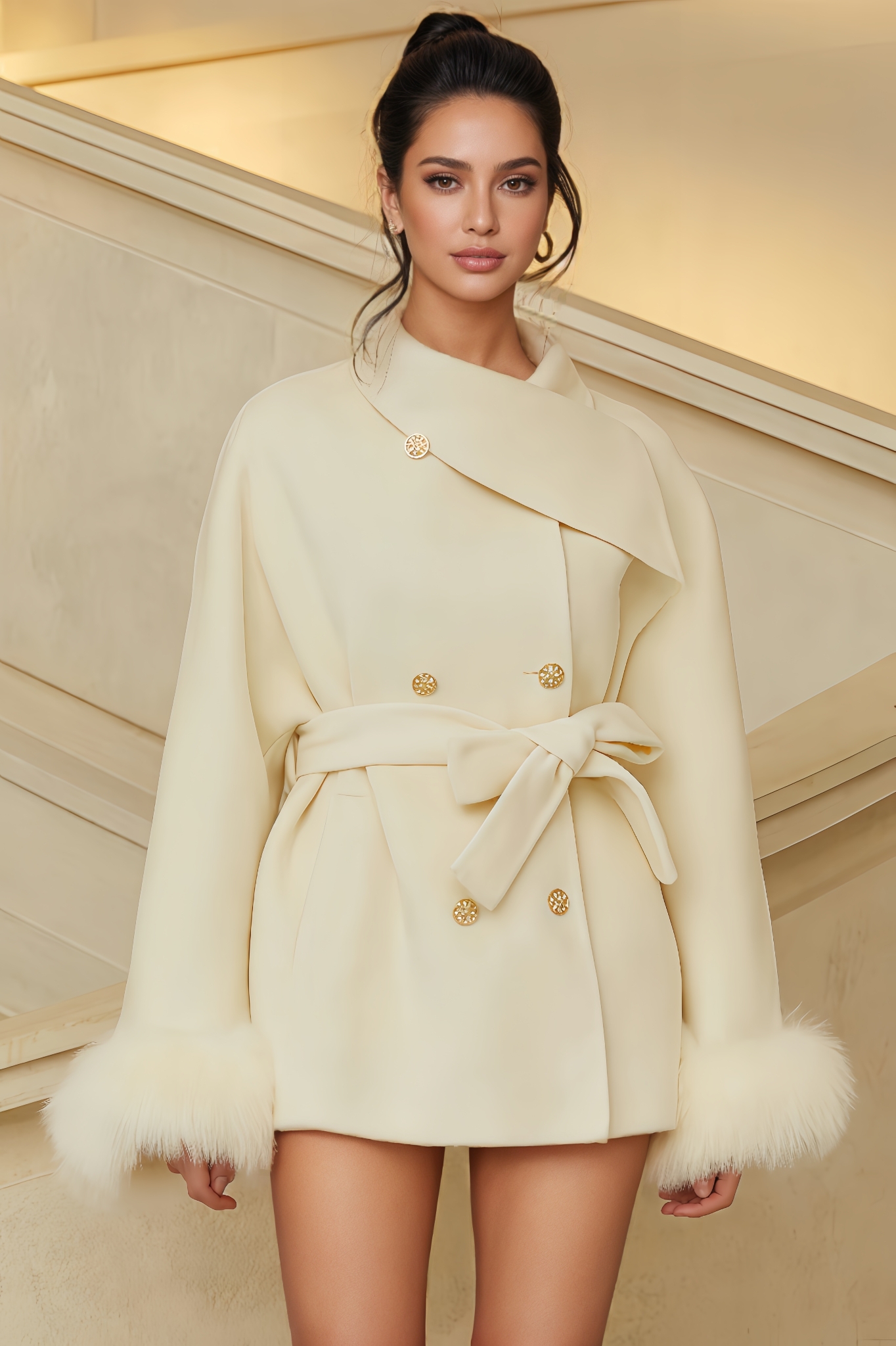 Vori Fur Trim Double-Breasted Wool Mini Dress