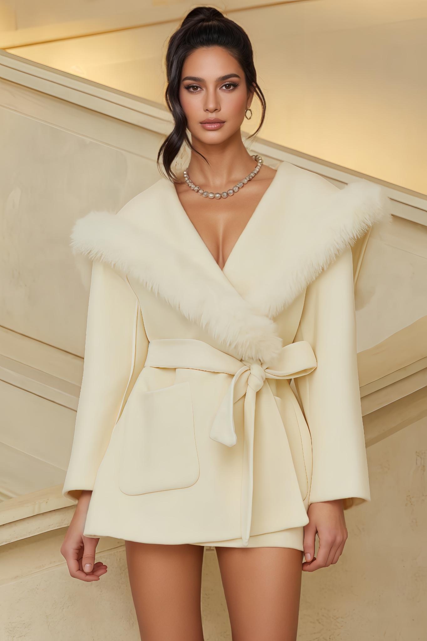 Kiva White Fur Trim Wool Mini Dress