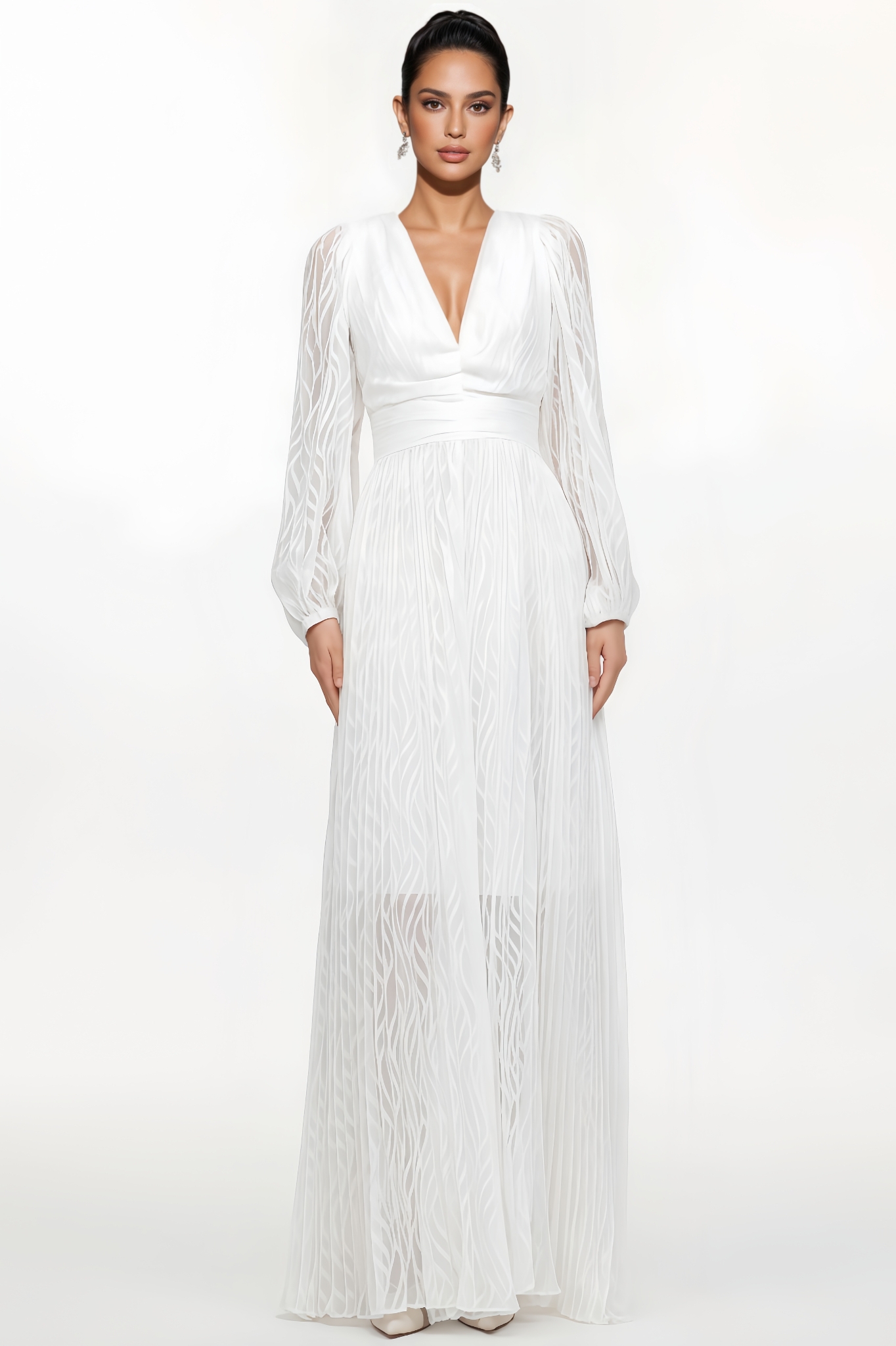 Jessw Long-Sleeve Ruched Woven Maxi Dress