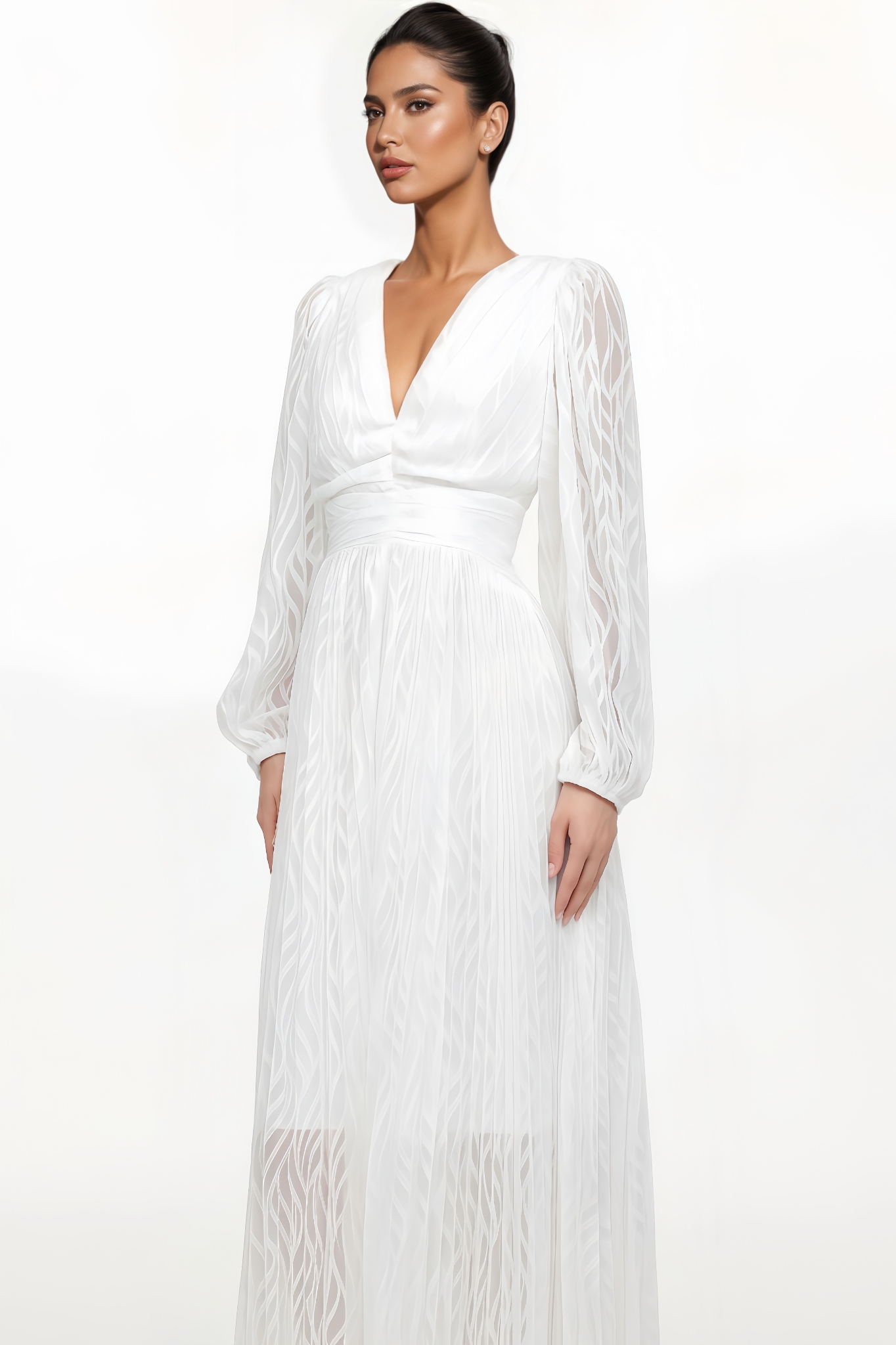 Jessw Long-Sleeve Ruched Woven Maxi Dress
