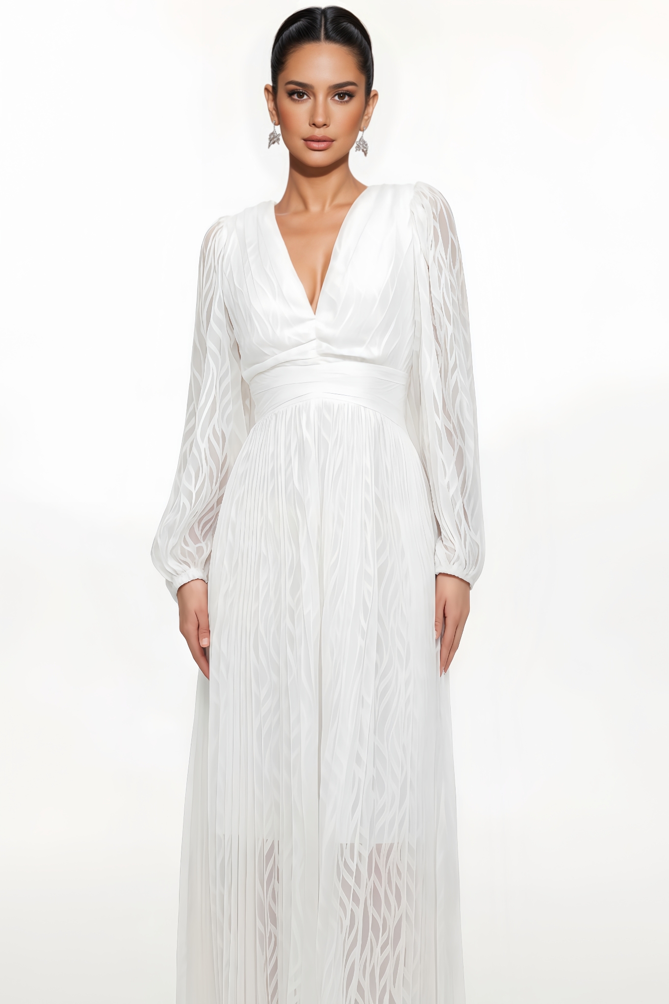 Jessw Long-Sleeve Ruched Woven Maxi Dress
