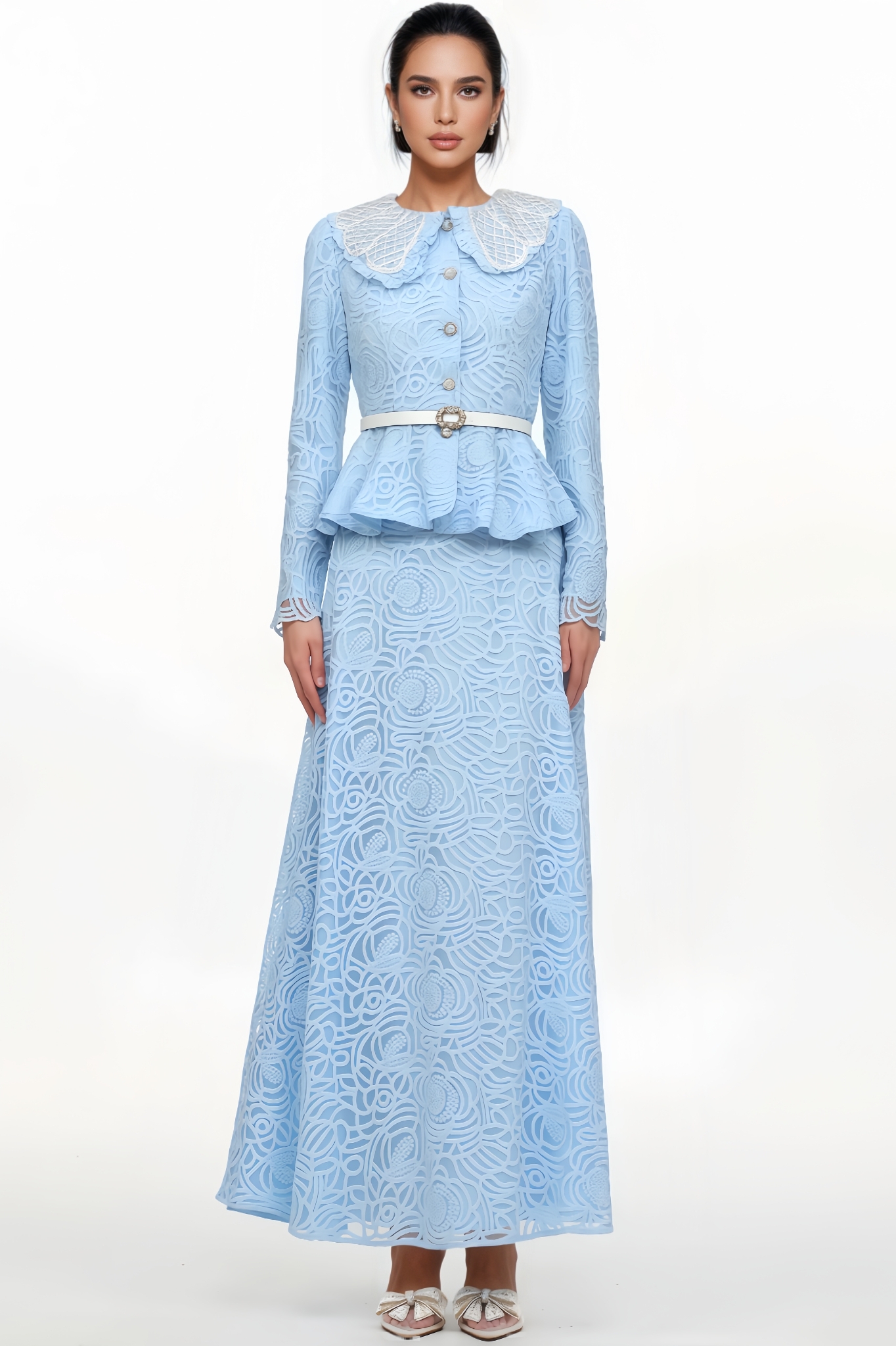 Verdad Long-Sleeved Lace Top And Skirt Set