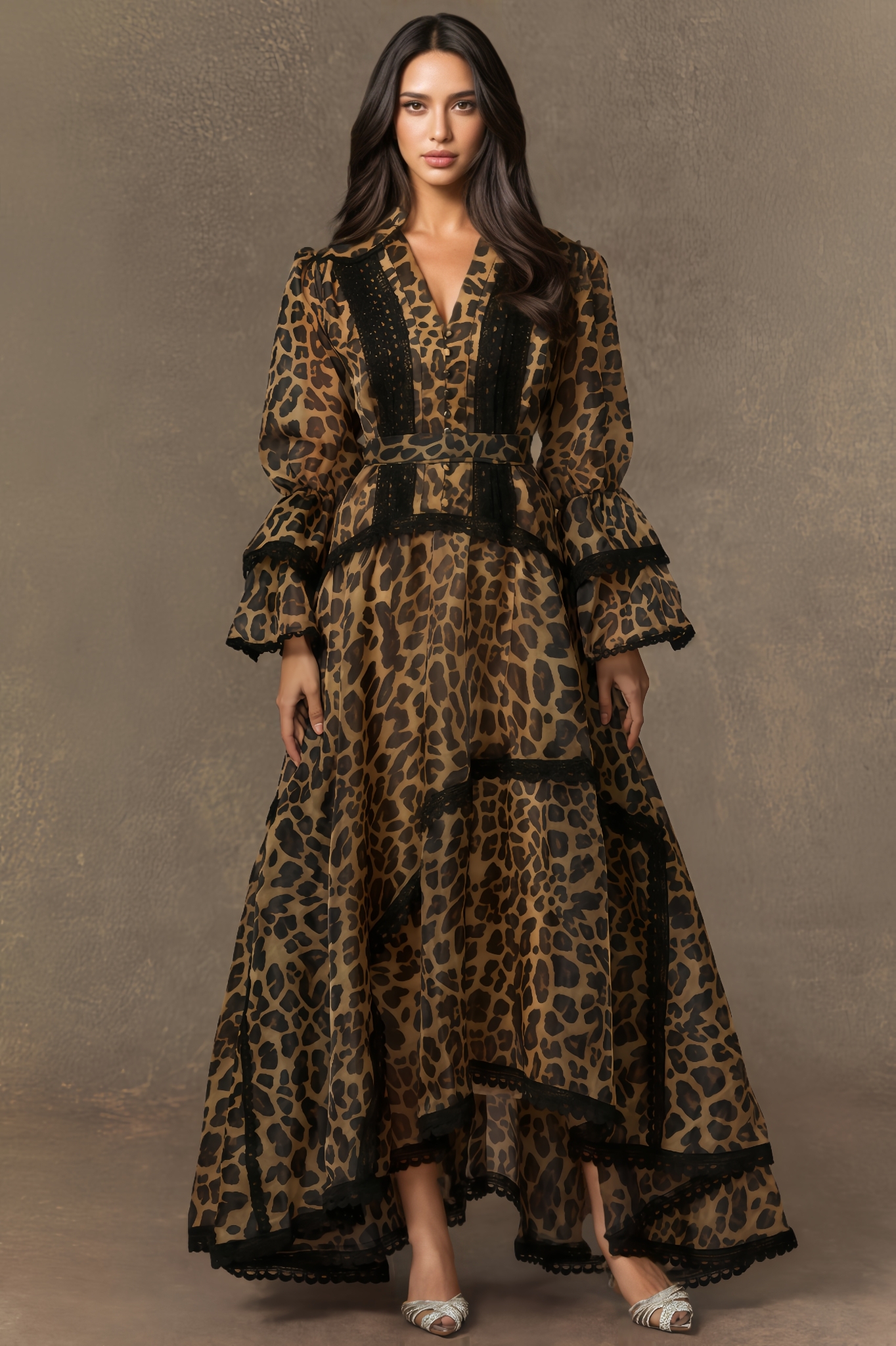 Amara Brown Leopard Print Lace Trim Maxi Dress