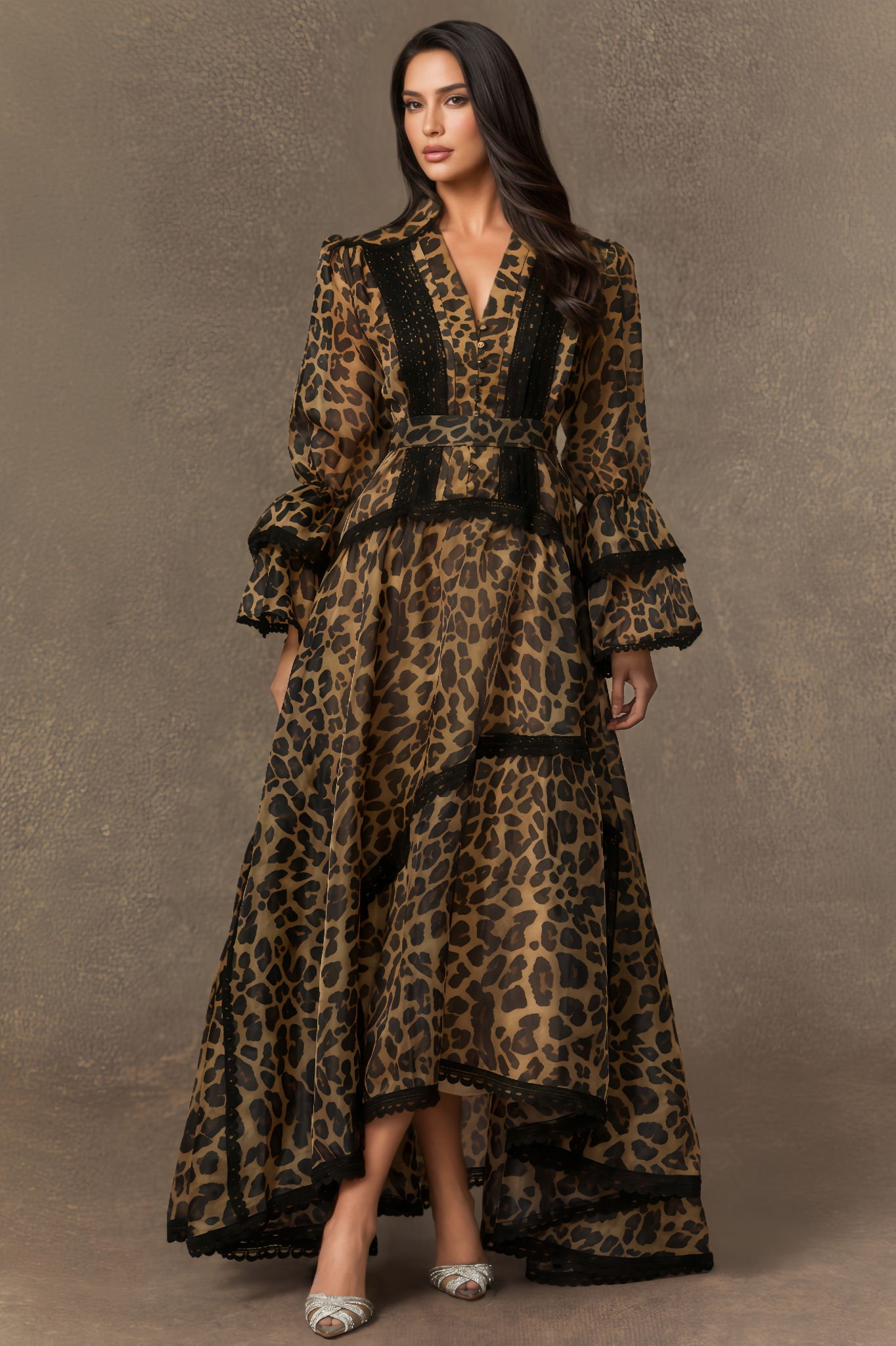 Amara Brown Leopard Print Lace Trim Maxi Dress