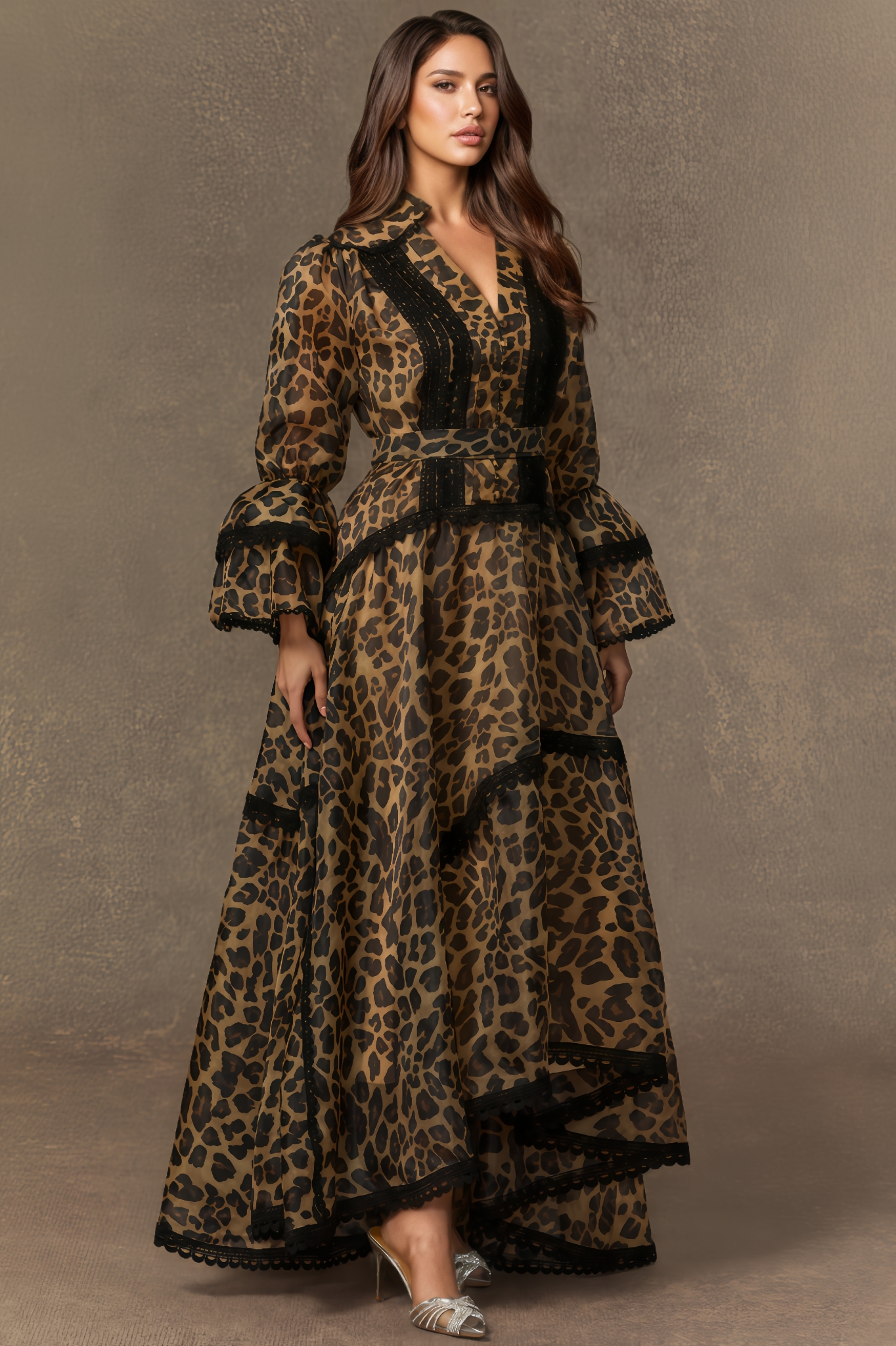Amara Brown Leopard Print Lace Trim Maxi Dress