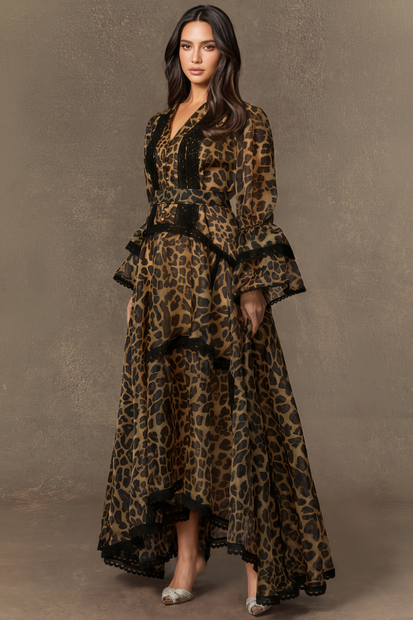 Amara Brown Leopard Print Lace Trim Maxi Dress