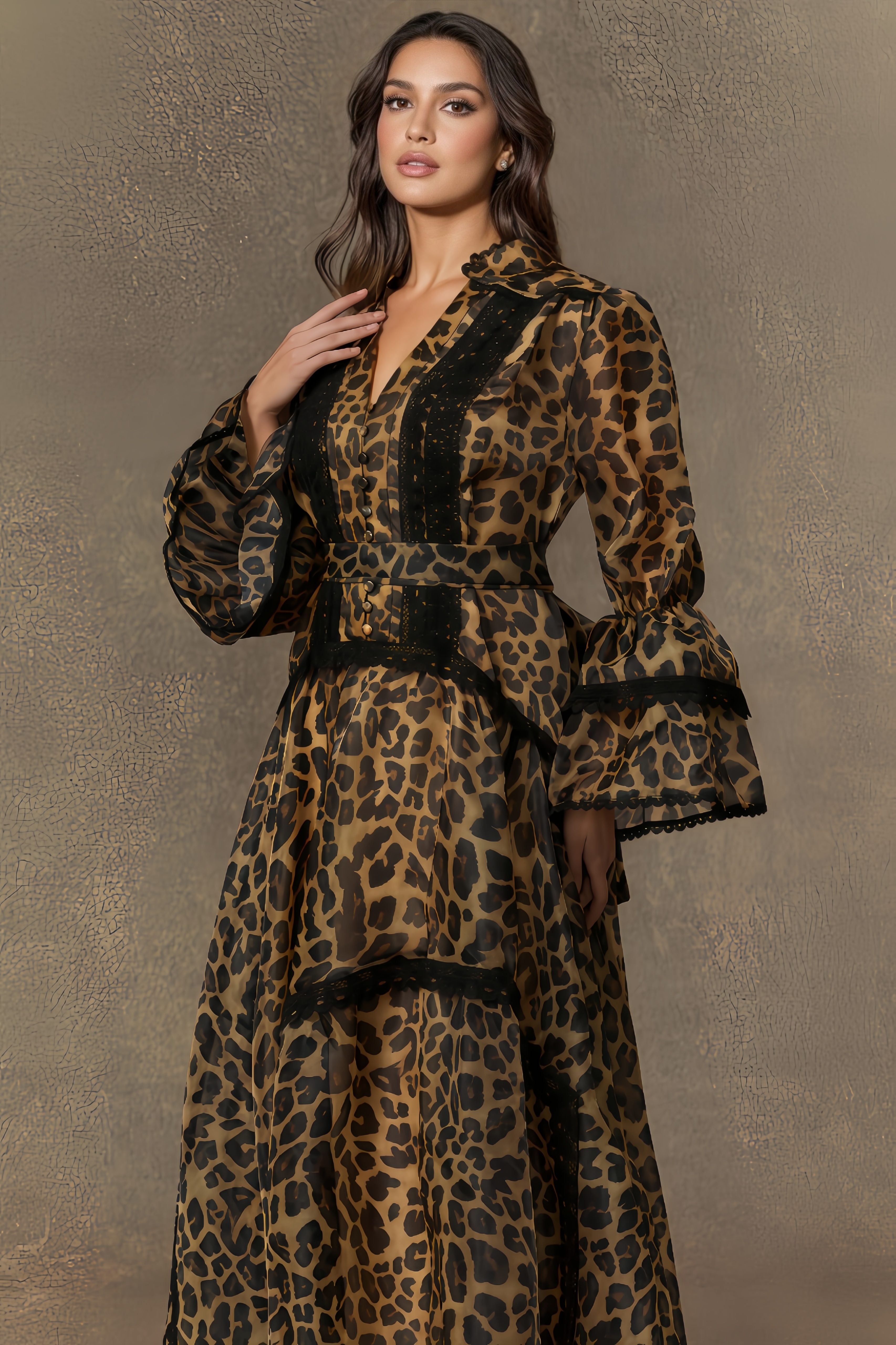 Amara Brown Leopard Print Lace Trim Maxi Dress