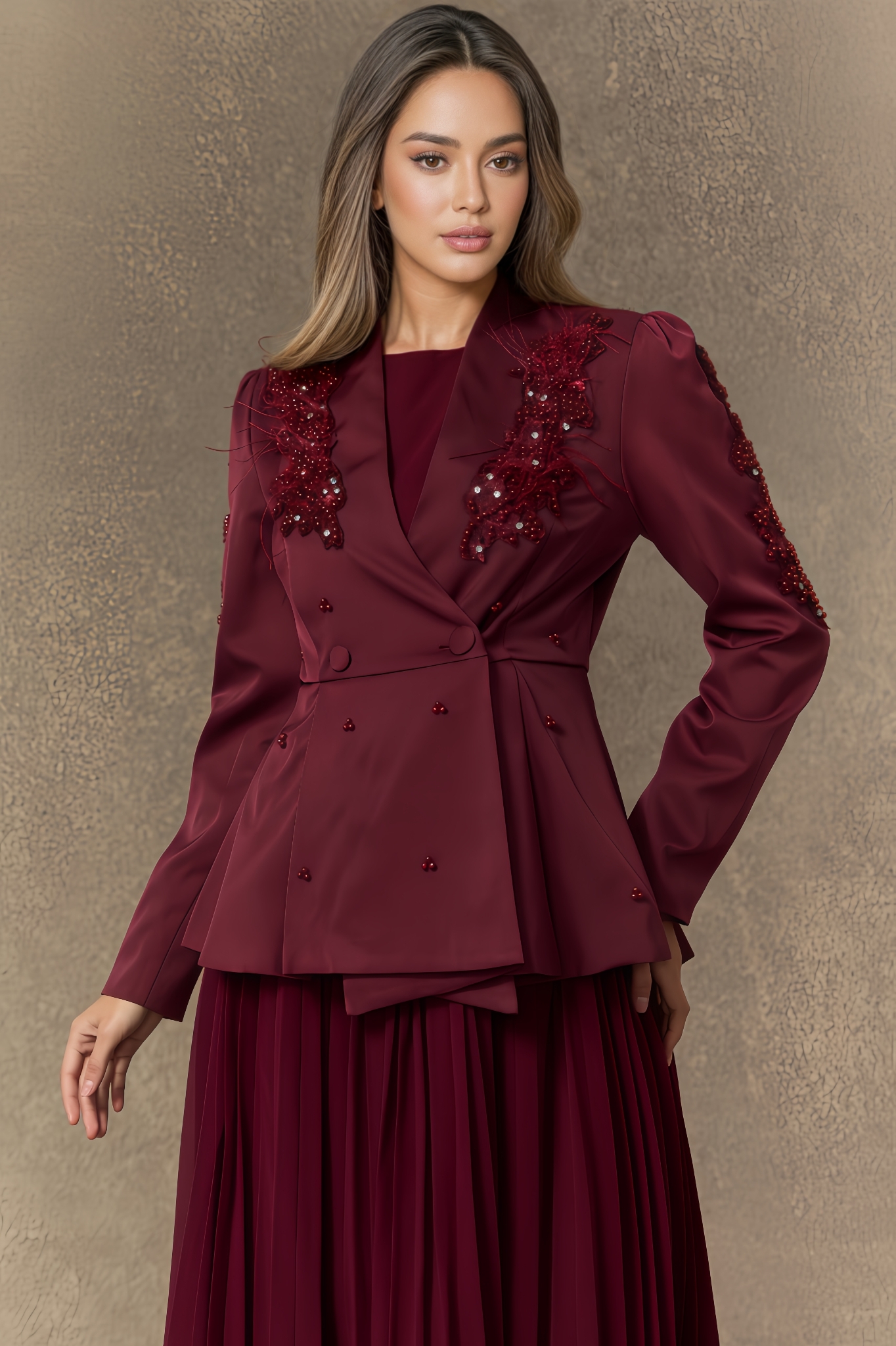 Viank Beaded Double Breasted Jacket & Pleated Dress Set