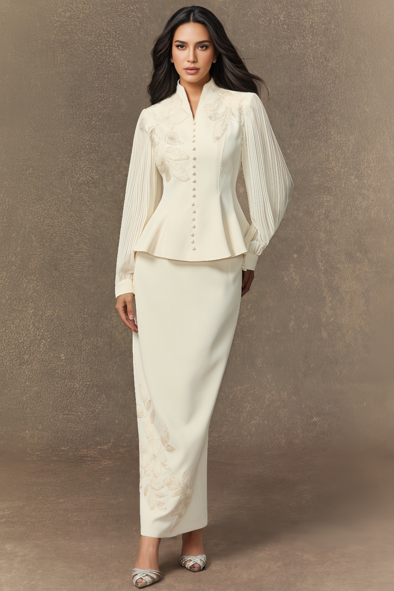 Calidk Floral Embroidery Pleated Sleeve Skirt Set