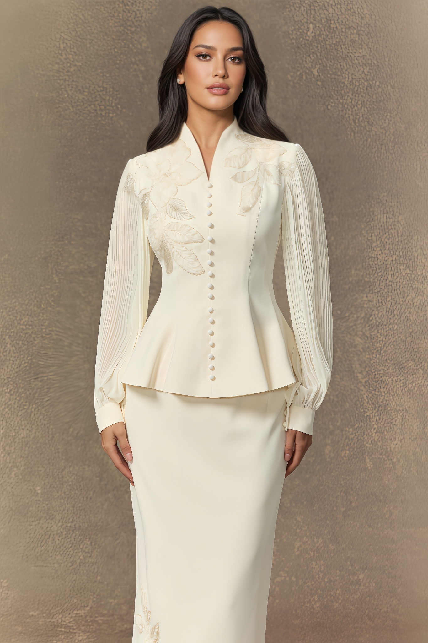 Calidk Floral Embroidery Pleated Sleeve Skirt Set