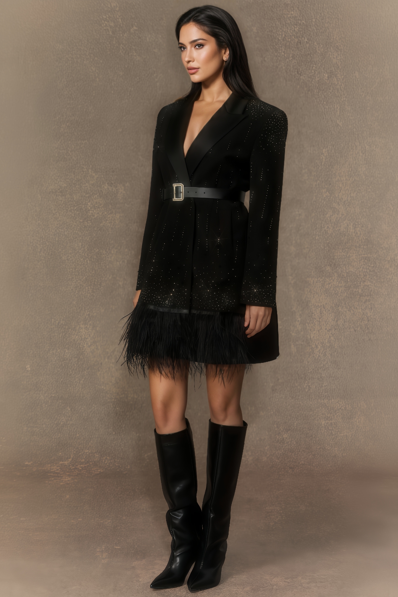 Leif Rhinestone Feather Hem Blazer Mini Dress