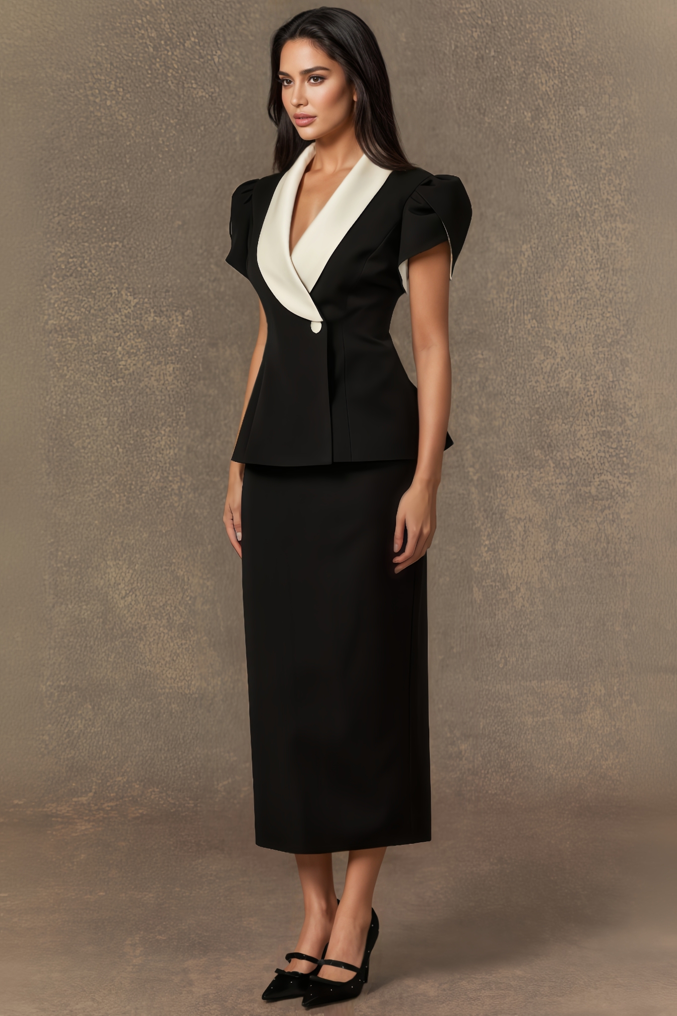 Elleri Black Color Block Top & Pencil Skirt Set