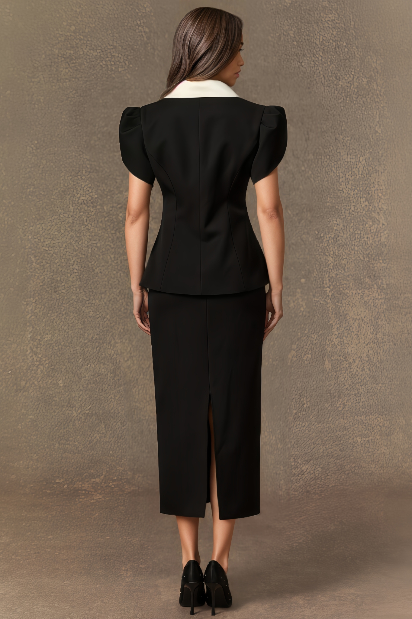 Elleri Black Color Block Top & Pencil Skirt Set