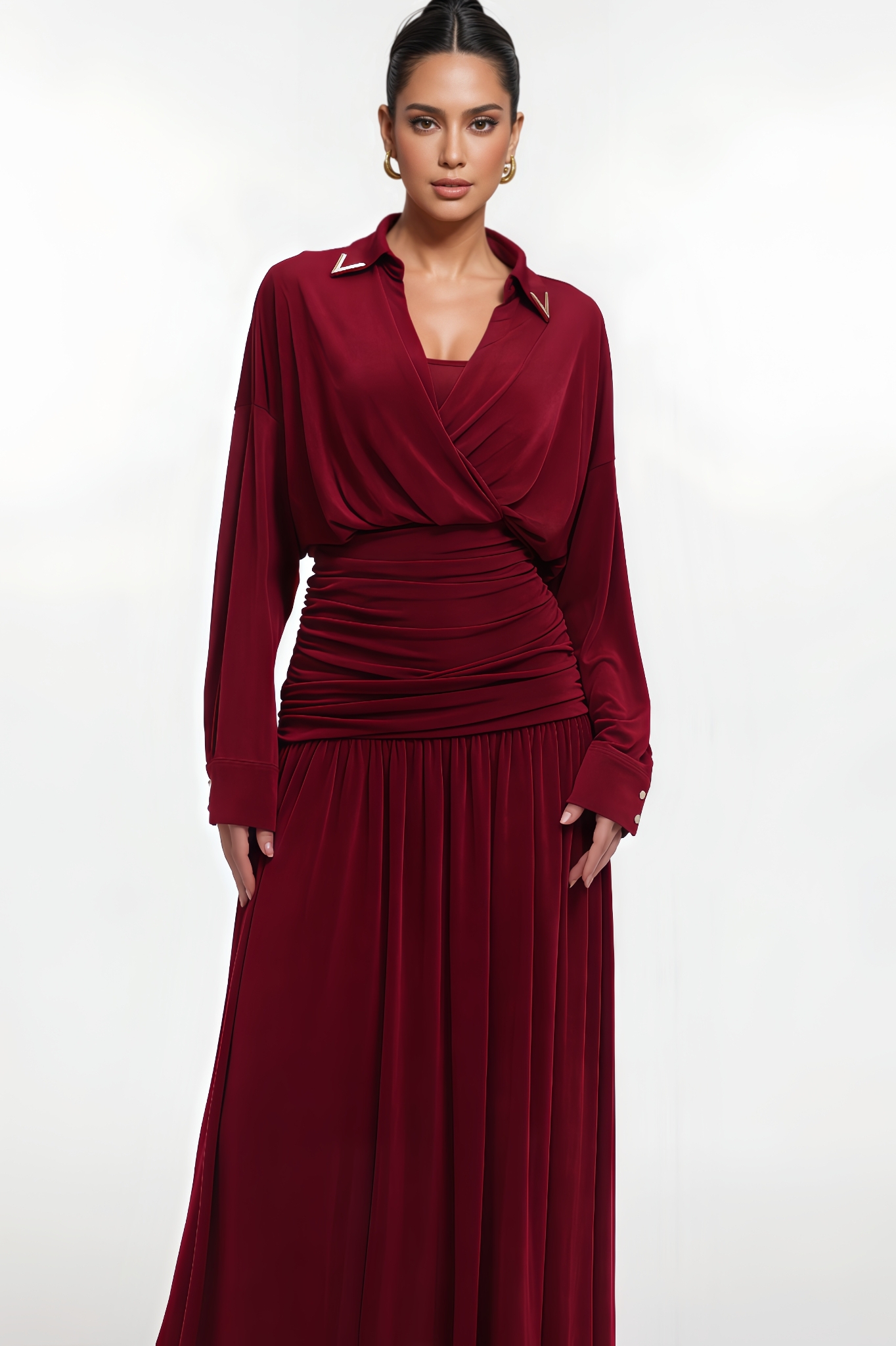 Thariy Long Sleeve Ruched Waist Knit Maxi Dress