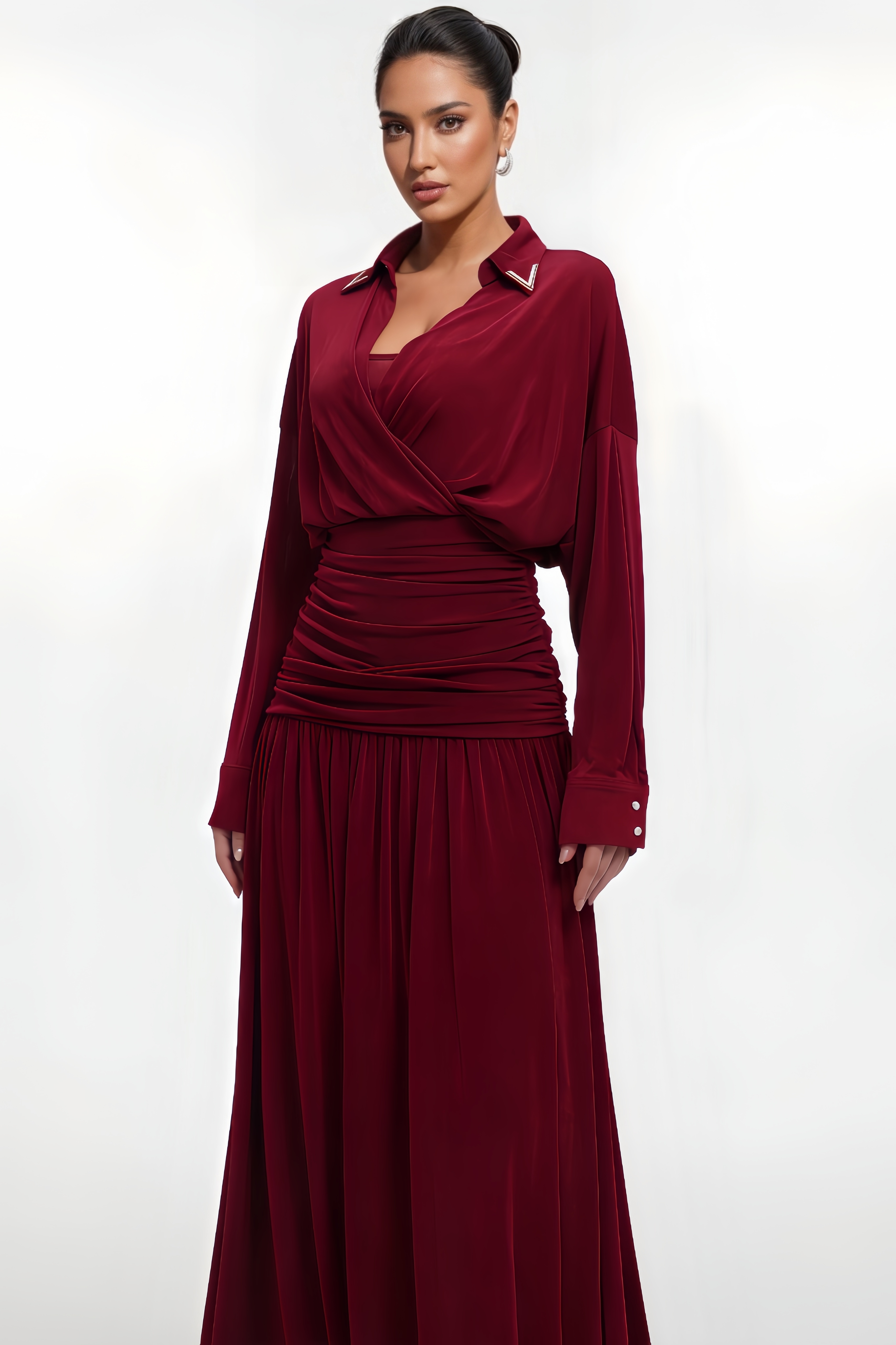 Thariy Long Sleeve Ruched Waist Knit Maxi Dress