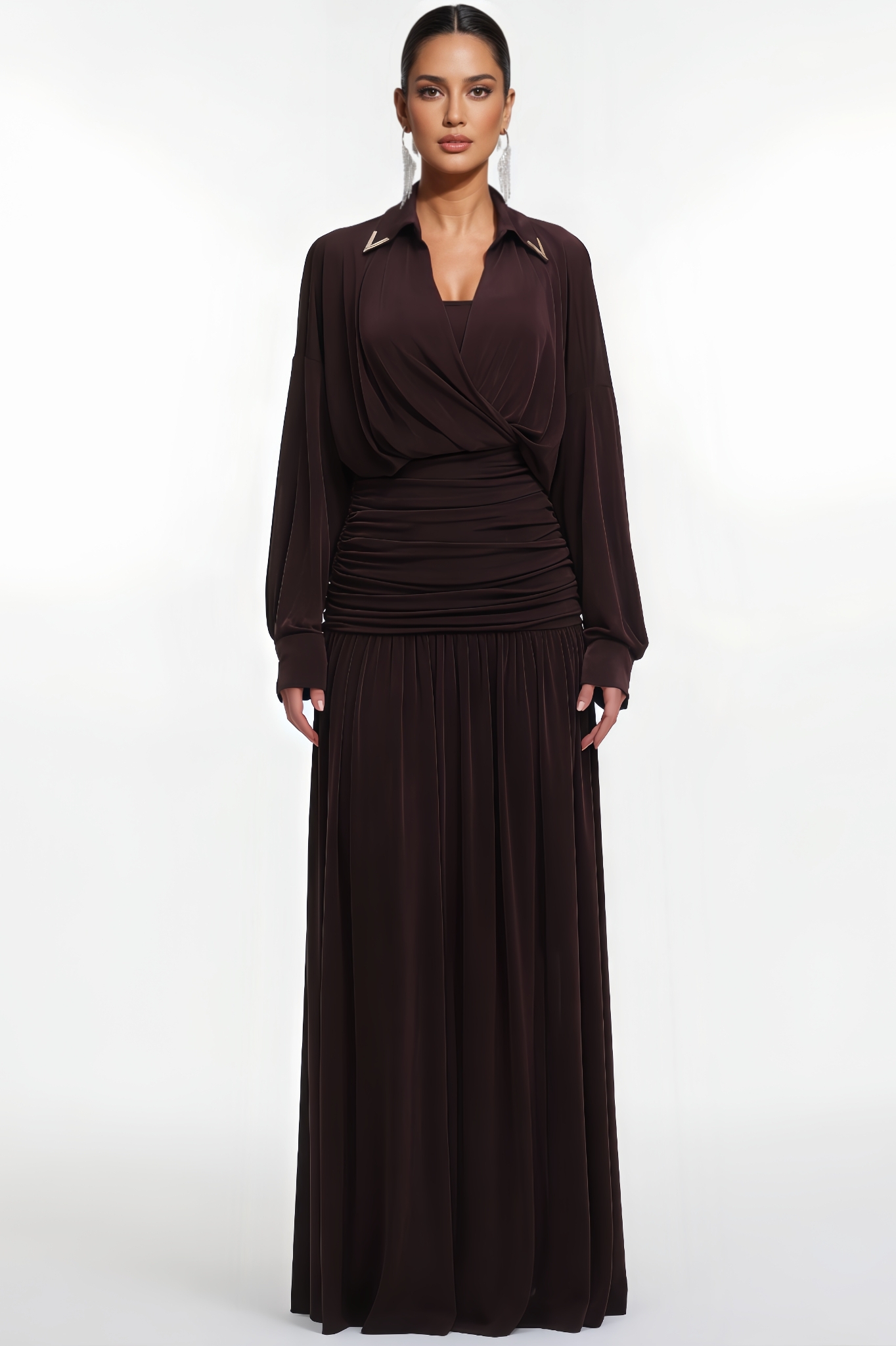 Zandok Long Sleeve Ruched Waist Knit Maxi Dress