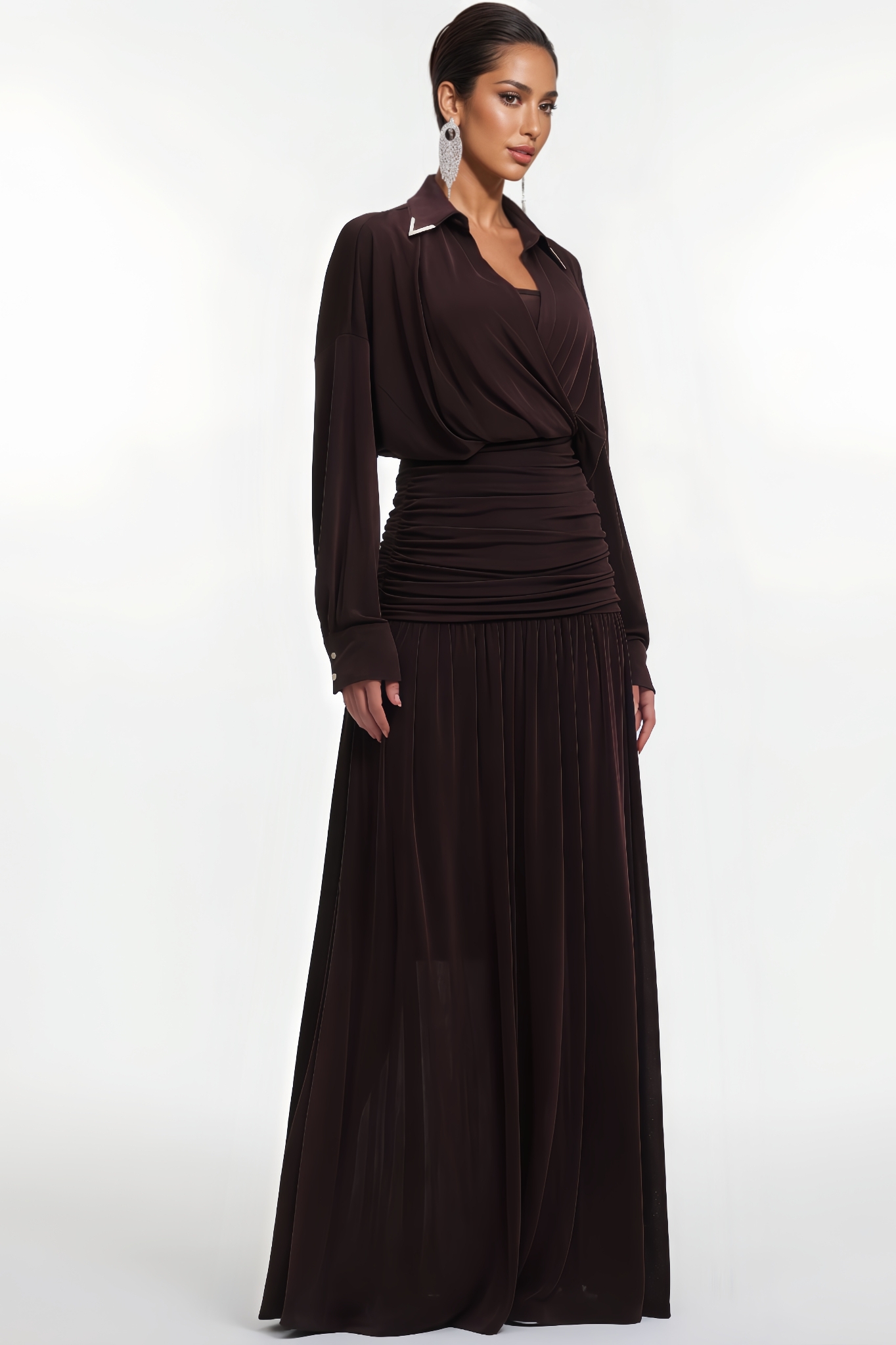 Zandok Long Sleeve Ruched Waist Knit Maxi Dress