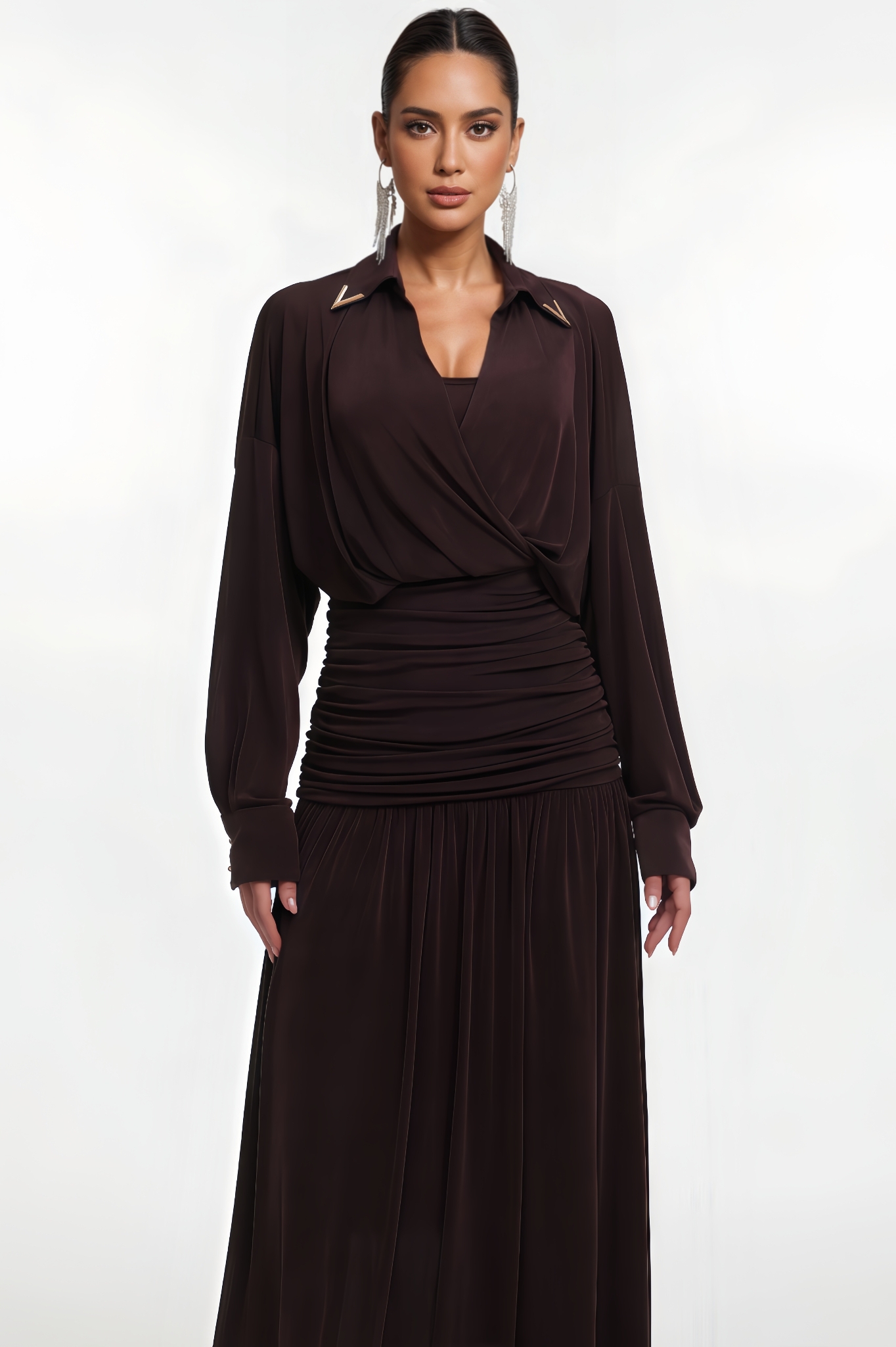 Zandok Long Sleeve Ruched Waist Knit Maxi Dress