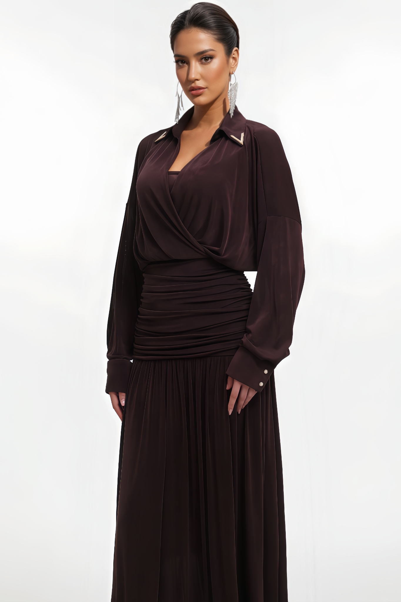 Zandok Long Sleeve Ruched Waist Knit Maxi Dress