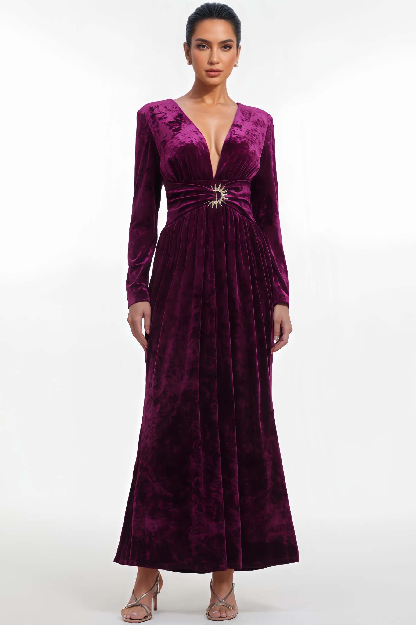 Ulwed Long-Sleeve V-Neck Velvet Maxi Dress
