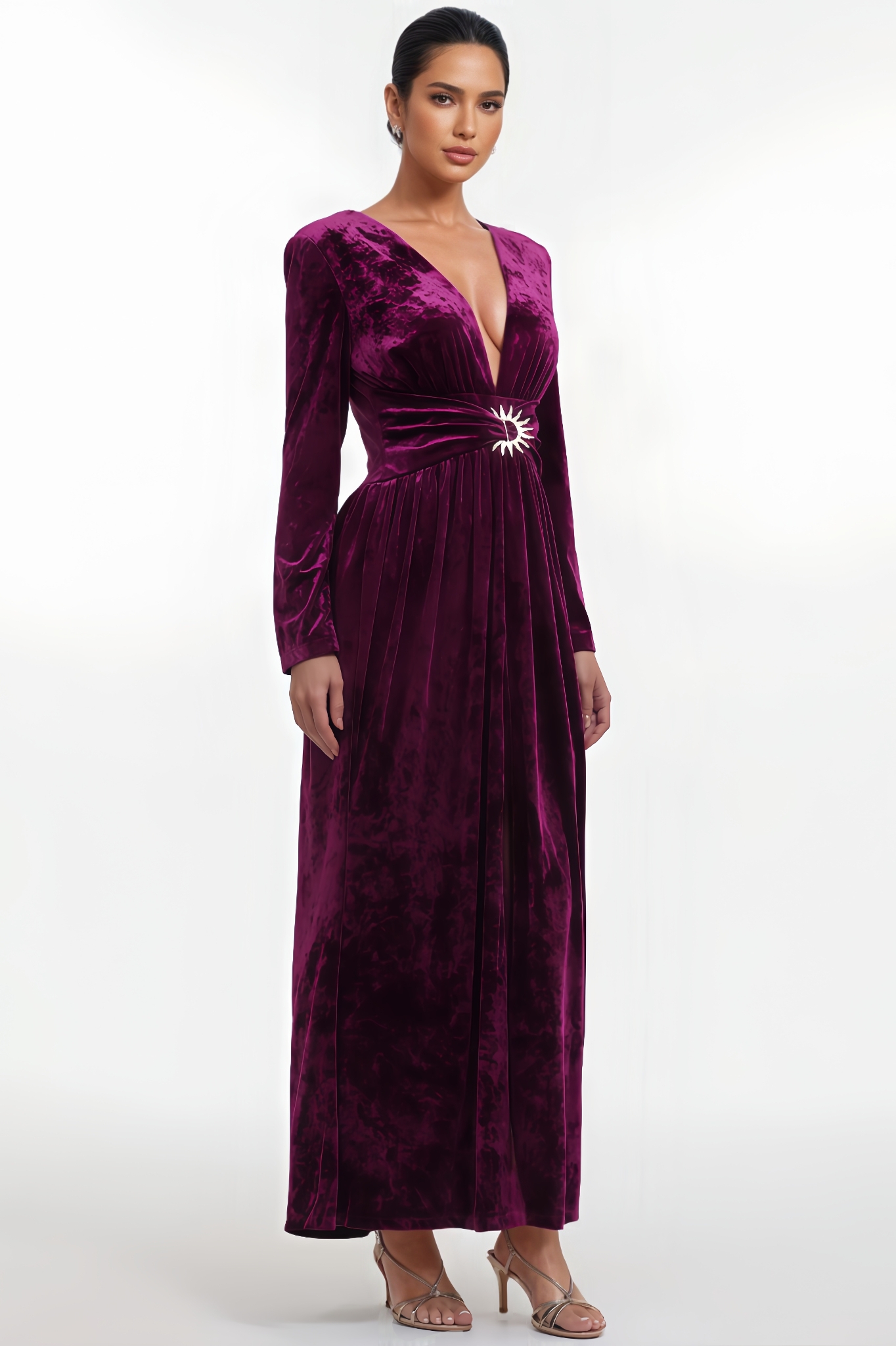 Ulwed Long-Sleeve V-Neck Velvet Maxi Dress