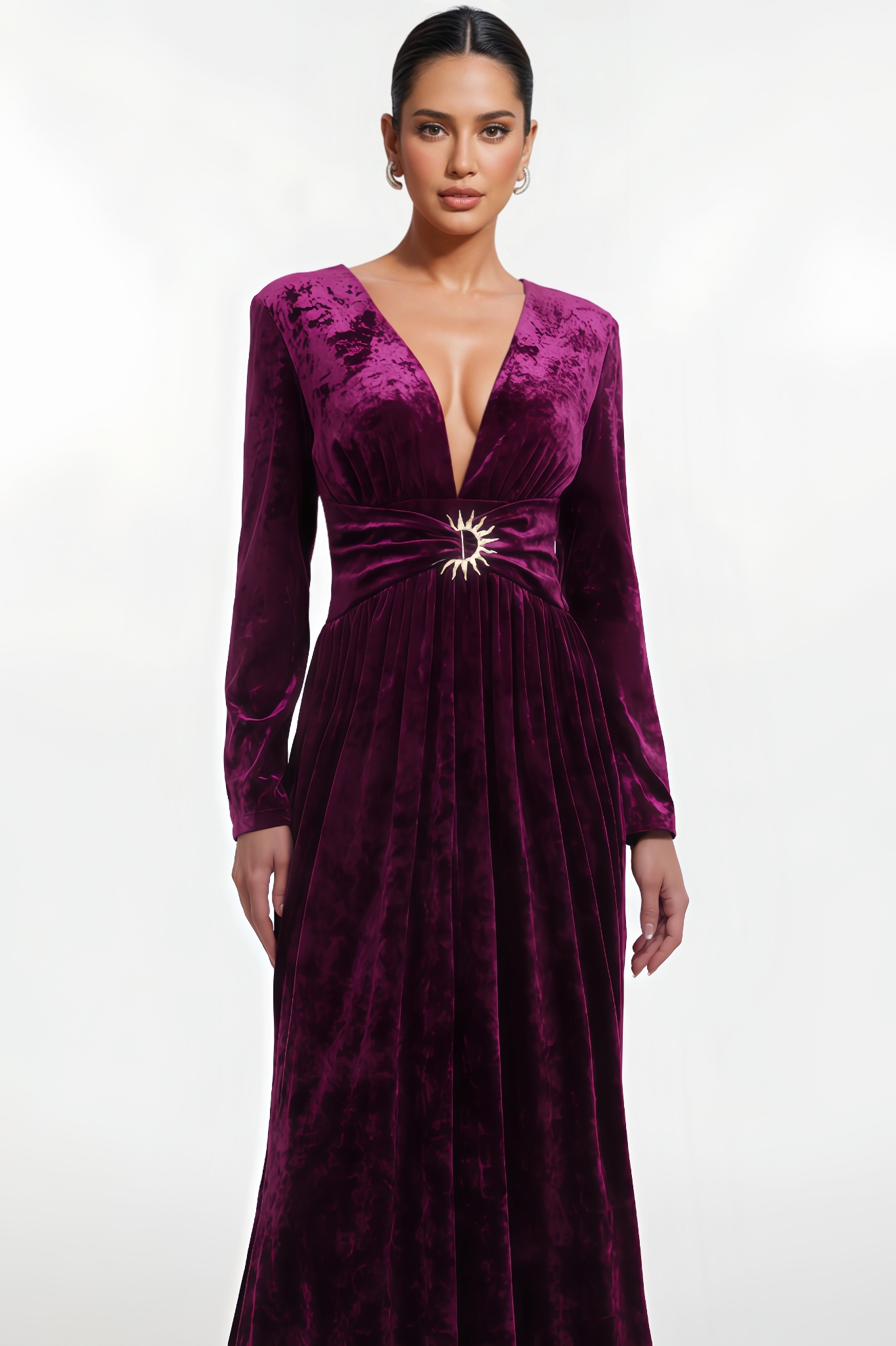 Ulwed Long-Sleeve V-Neck Velvet Maxi Dress