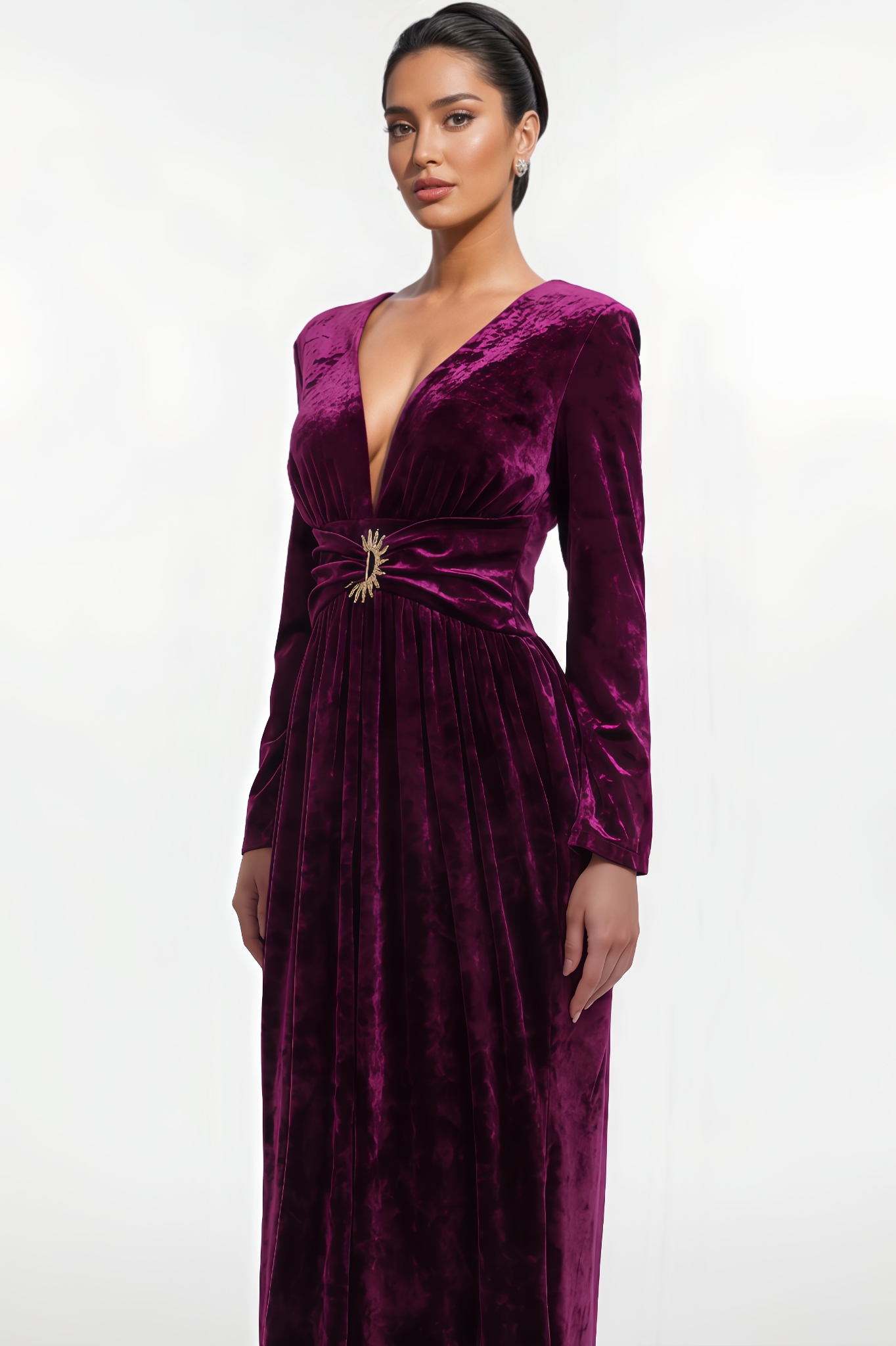 Ulwed Long-Sleeve V-Neck Velvet Maxi Dress
