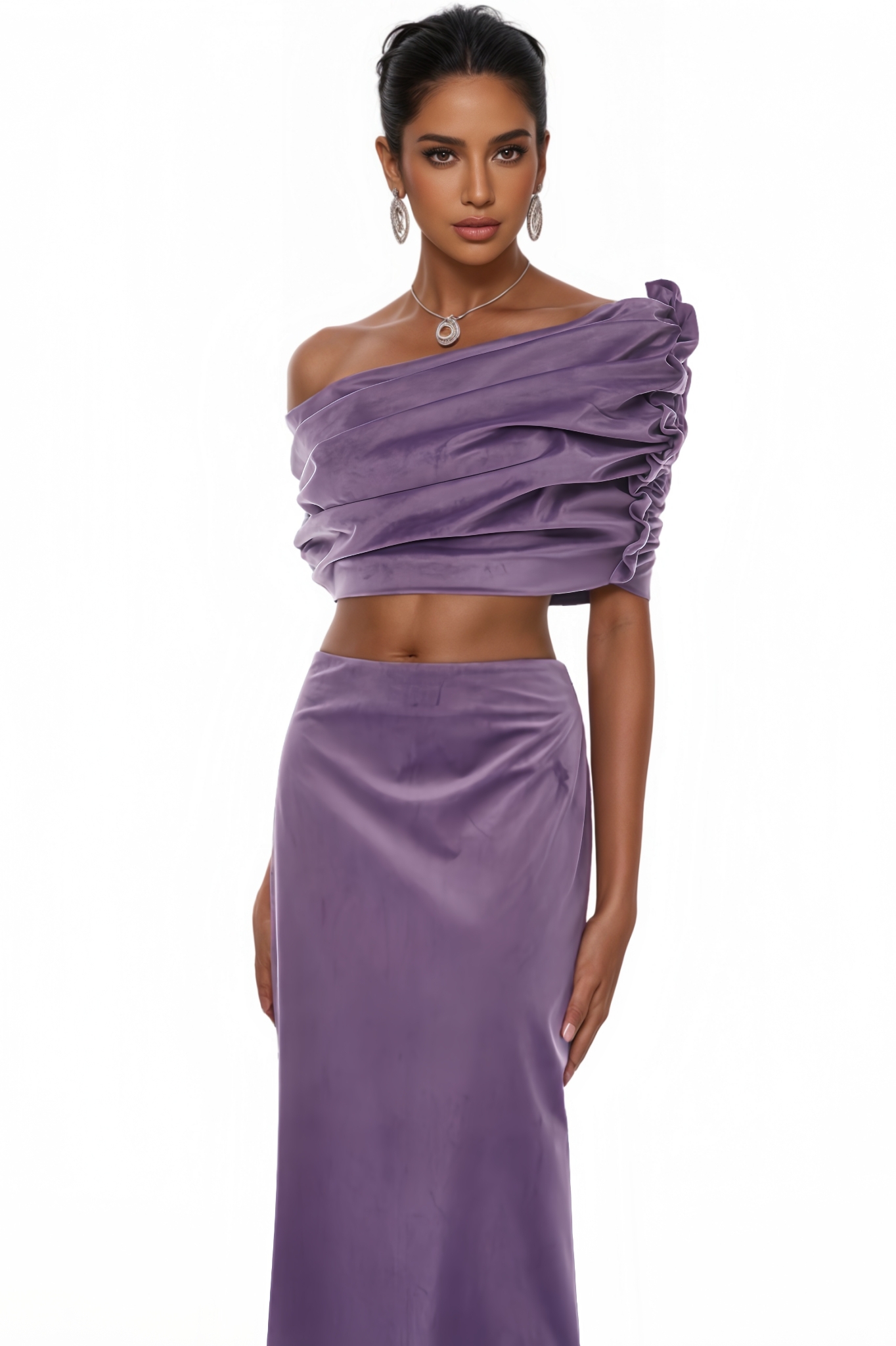 Kerra Purple Asymmetrical Velvet Top & Skirt Set