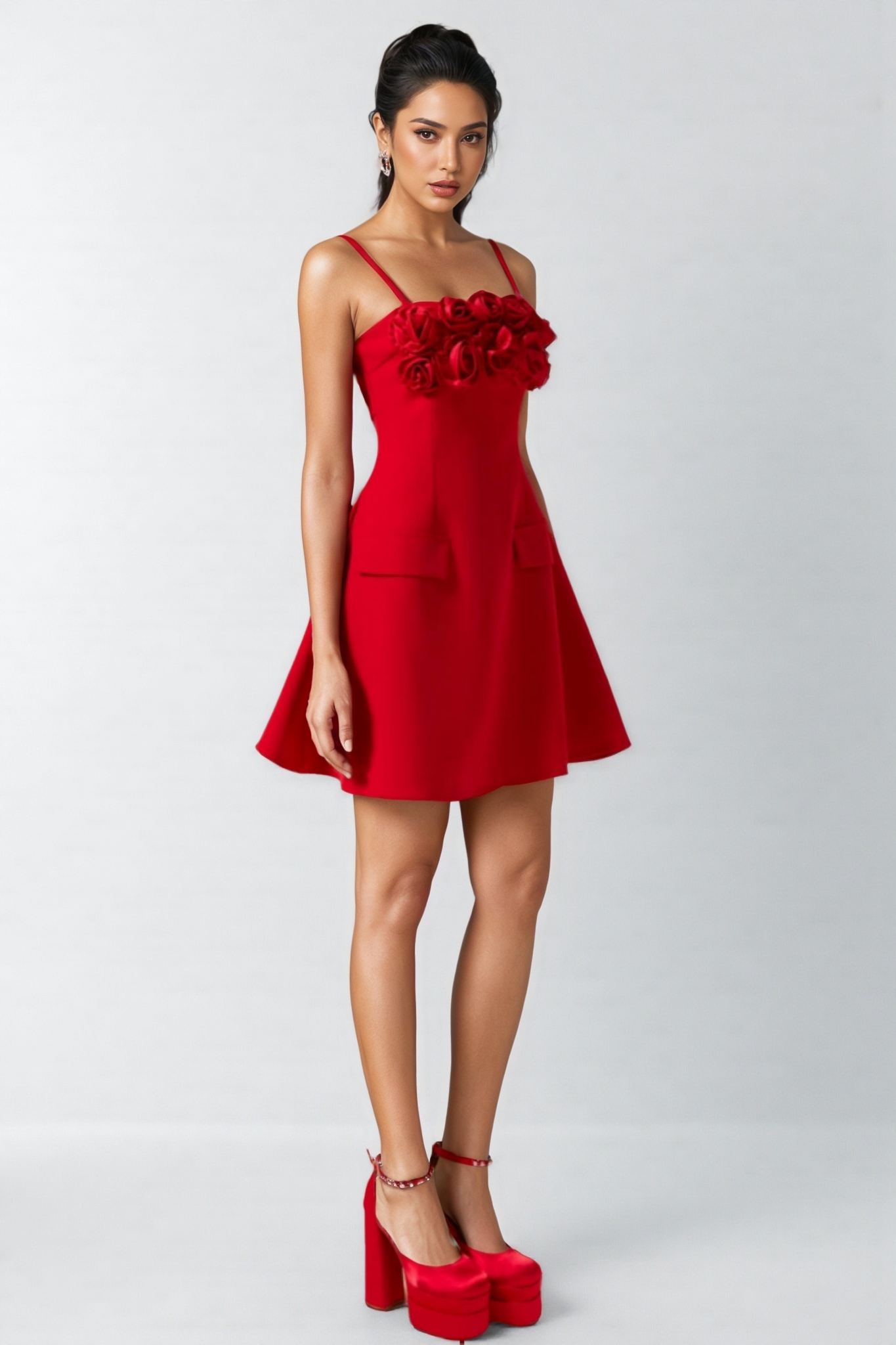 Thisbe 3D Flower Solid Square Neck Mini Dress