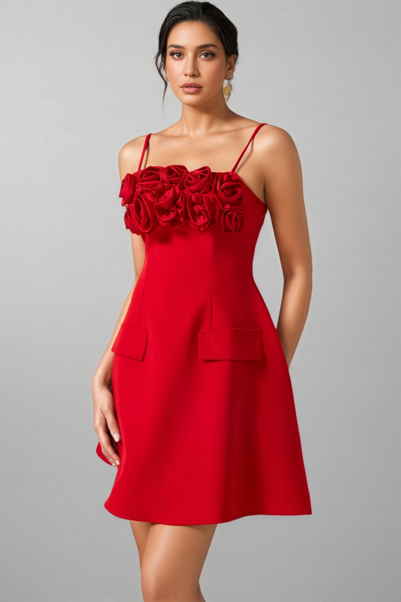 Thisbe 3D Flower Solid Square Neck Mini Dress